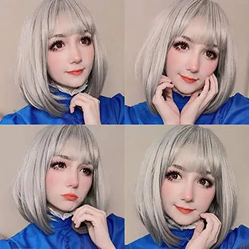 Silver Grey Bob Wig with Flat Bangs - Natural Looking Synthetic Hairpiece for Cosplay, Halloween & Daily Wear