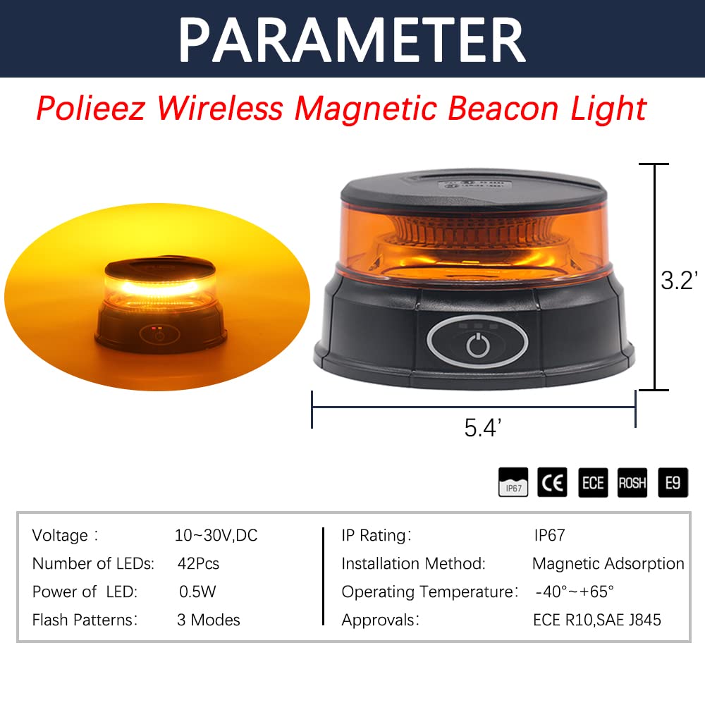12-24V Rechargeable Magnetic Amber Strobe Light - Wireless LED Warning Beacon for Trucks & Vehicles | Emergency Flashing Light for Road Safety, Construction Zones & Hazard Scenarios