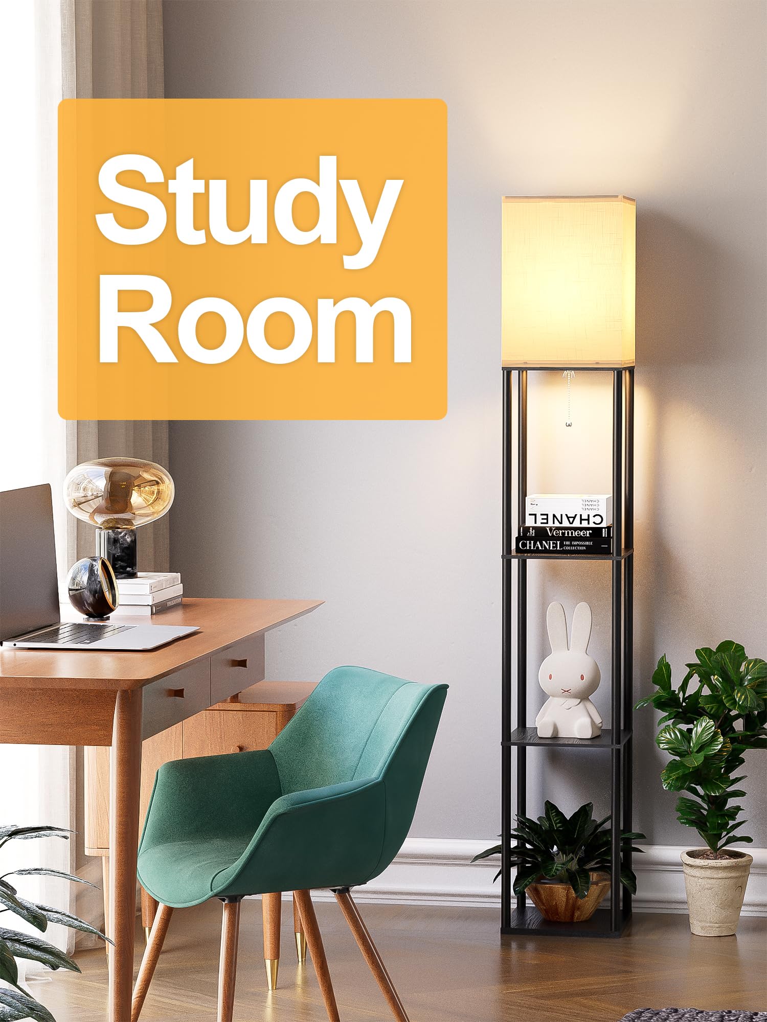 Modern Floor Lamp with Shelves - 3-Tier Corner Standing Lamp with Adjustable CCT LED Bulb & White Linen Shade for Living Room, Bedroom, Office - Perfect for Reading, Displaying Decor & Creating Ambient Lighting