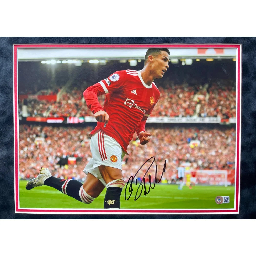 Authentic Cristiano Ronaldo Autographed Manchester United 11x14 Framed Photo with Beckett COA - Perfect for Soccer Fans, Man Utd Memorabilia Collectors & Sports Room Decor