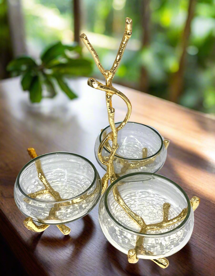 3.5x8.5 Inch Glass Nut Dish with 3 Bowls - Perfect for Serving Nuts, Candies, Snacks at Parties, Weddings & Home Entertaining