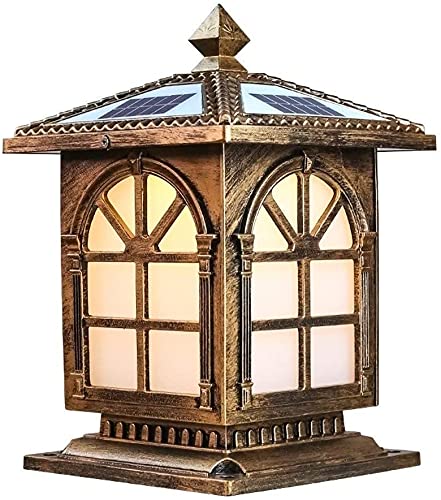 Vintage Brown Solar LED Outdoor Post Light - Waterproof European Traditional Column Lamp for Garden, Fence, Villa Courtyard | Energy-Efficient Solar Powered Exterior Pillar Lighting for Pathways, Driveways & Landscaping