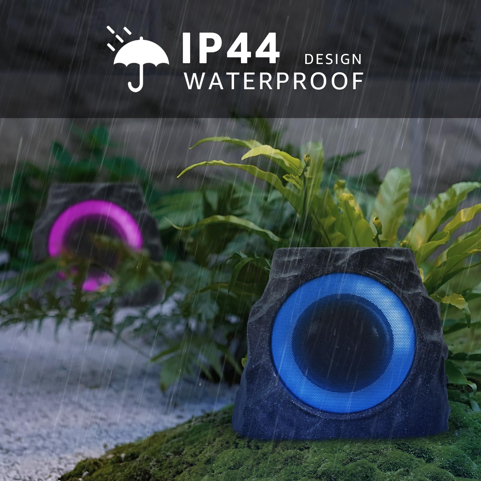 Dolita Rock Speaker - Wireless Bluetooth 5.0 Outdoor Speaker with Solar Charging, 7 RGB LED Lights, IPX6 Waterproof, 20H Playtime - Perfect for Pool Party, Beach, Camping, Garden & Backyard (2 Pack, Black)