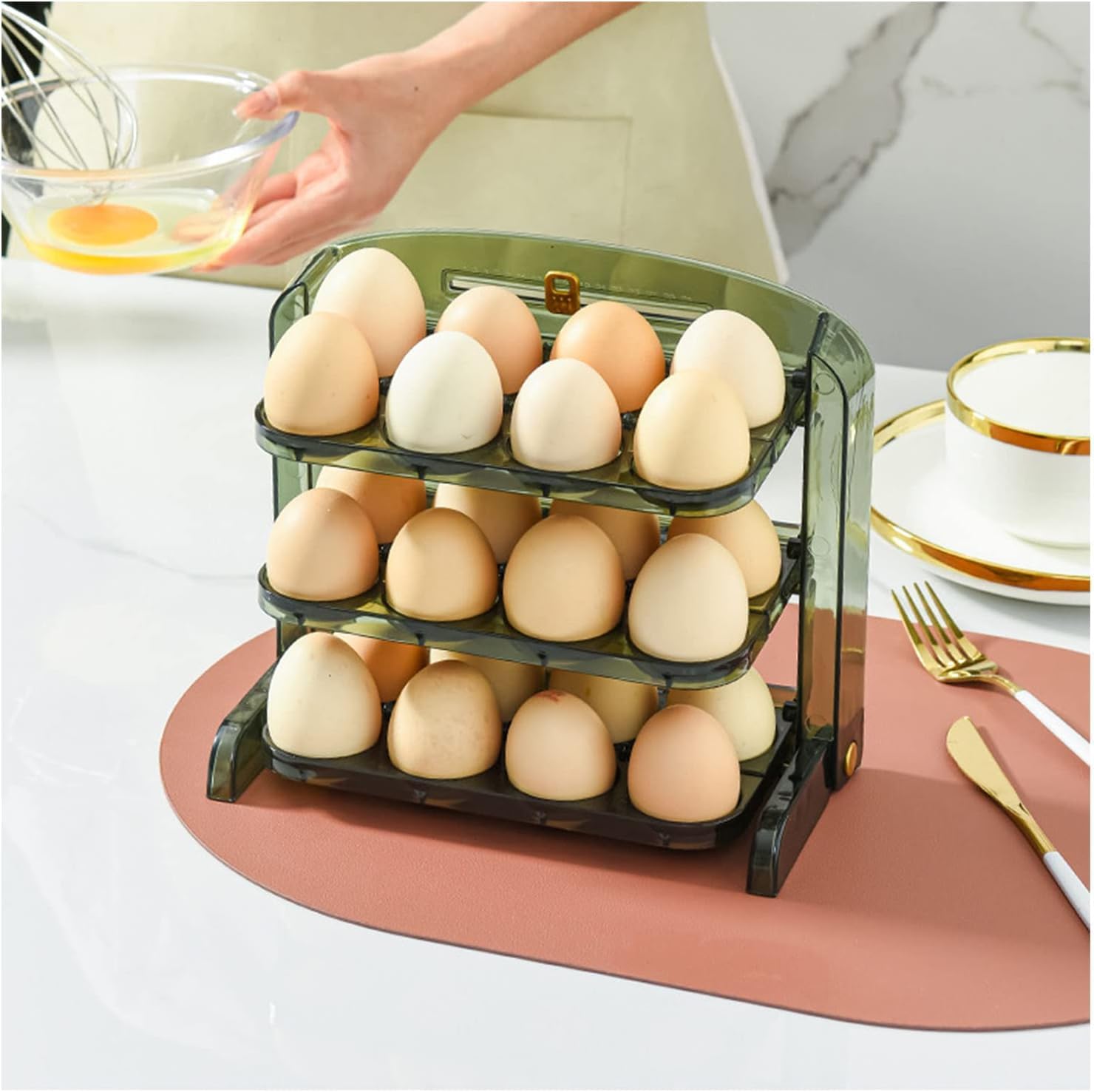 Proxin Large Capacity Egg Storage Holder - Refrigerator Egg Stand Shelf, Fresh Egg Container Organizer for Kitchen & Fridge - Durable Green Egg Storage Tray - Perfect for Farm Fresh Eggs, Breakfast Meal Prep & Pantry Organization