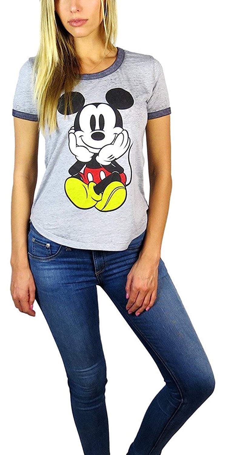 Disney Women's Minnie Mouse Burnout Ringer Tee - Red Bow & Grey Vintage Style T-Shirt for Casual Wear, Disney Fans & Theme Park Outfits