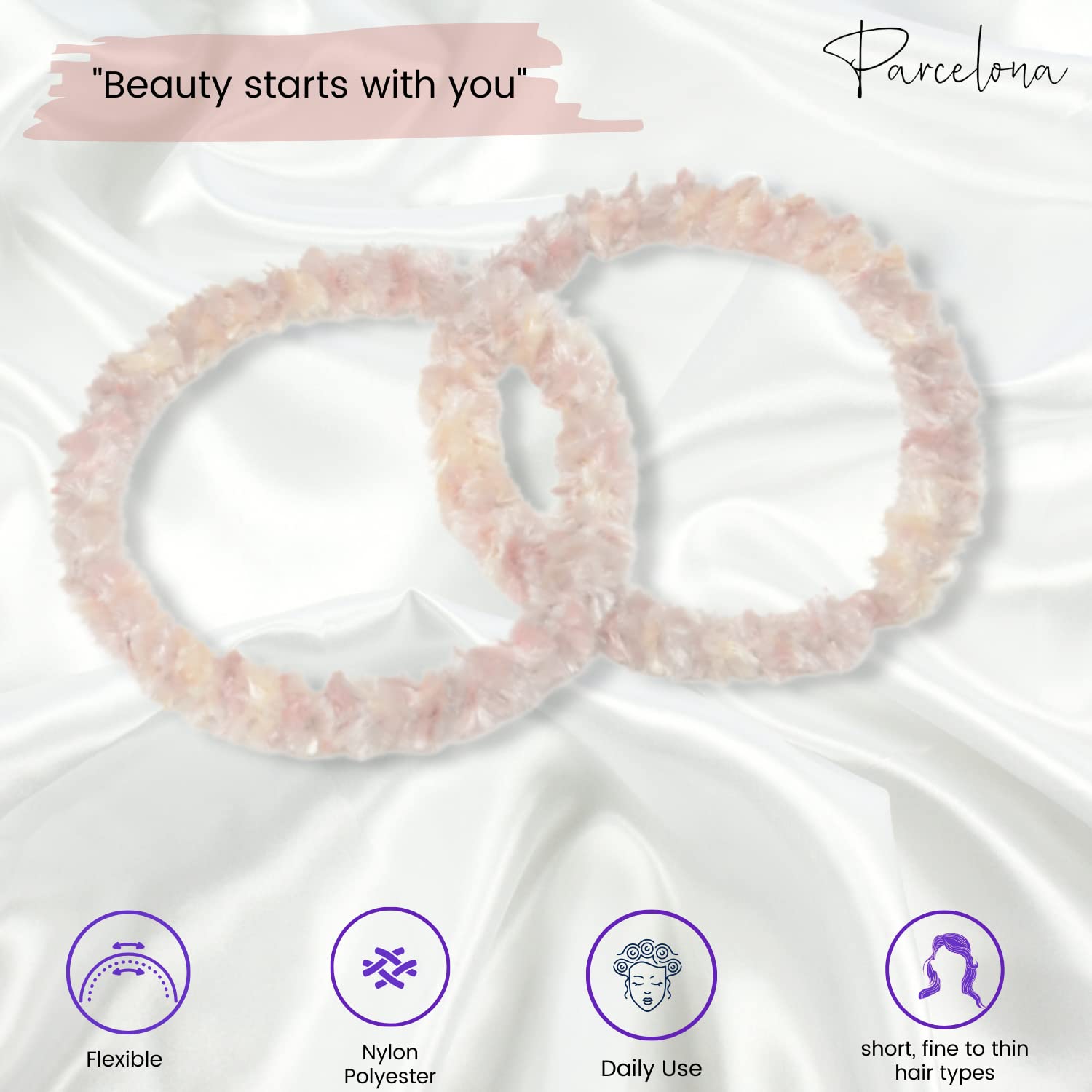 Parcelona 4-Pack Soft Chenille Non-Slip Hair Ties for Women & Girls - Thin Strong Elastic Ponytail Holders, Metal-Free Hair Accessories for Styling, Braids & Durable Everyday Use (Light Pink) - Perfect for Workouts, Yoga, School & Office Hairstyles