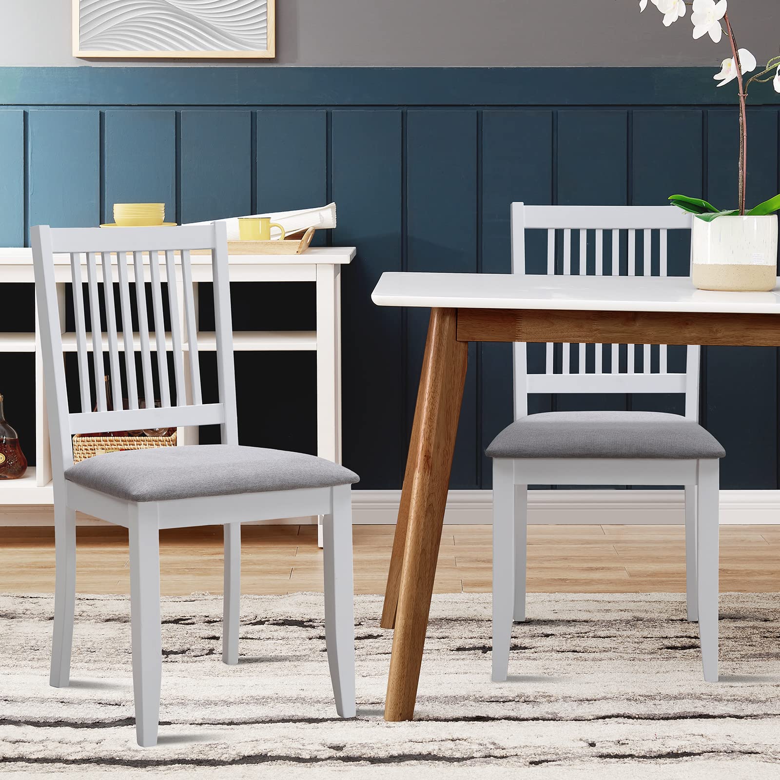 DUHOME Set of 2 Farmhouse Wooden Dining Chairs with Upholstered Seat & Backrest - White Kitchen Side Chairs for Dining Room, Living Room | Perfect for Farmhouse Decor, Small Spaces & Family Gatherings