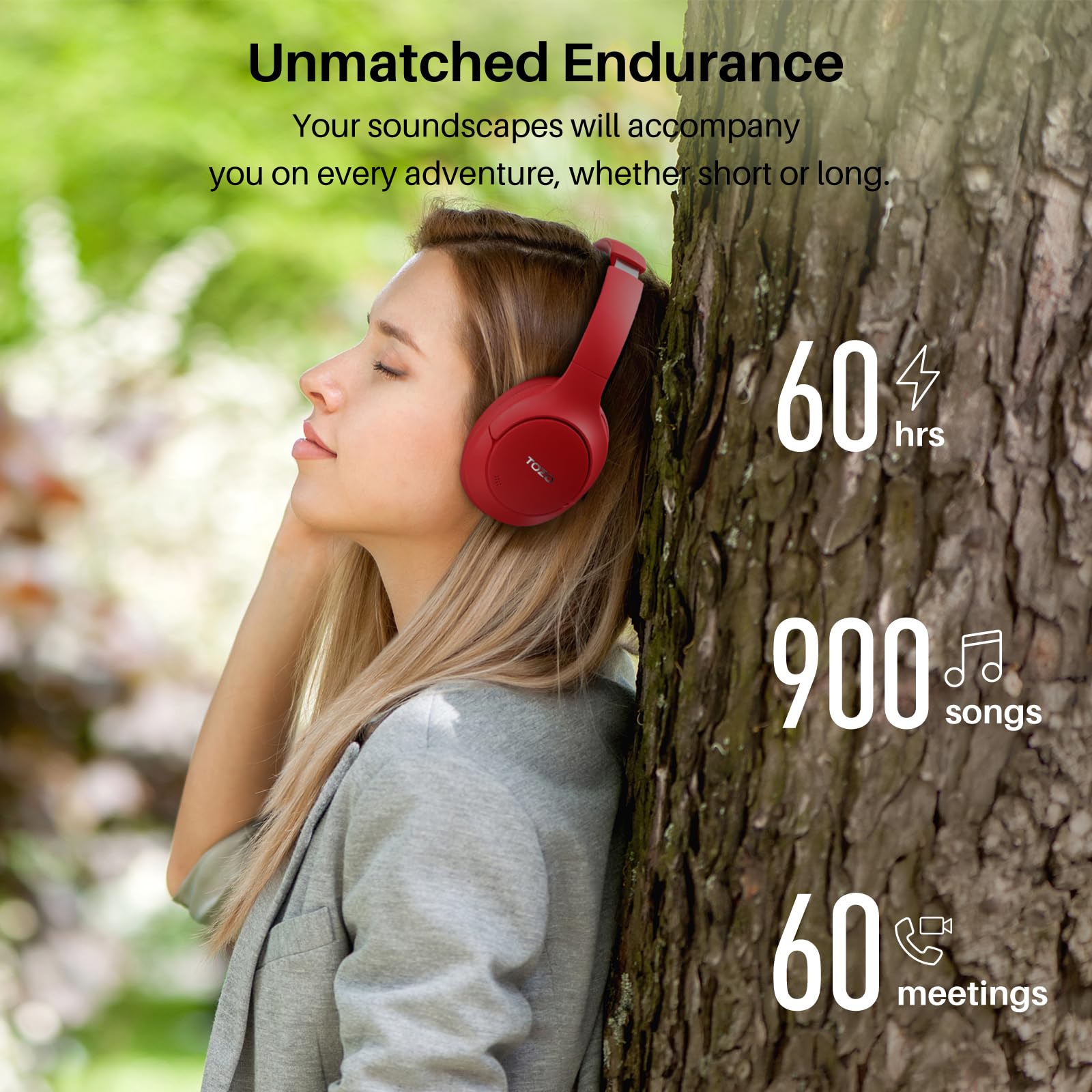 TOZO HT2 Hybrid Active Noise Cancelling Wireless Headphones - 60H Playtime, Hi-Res Audio, Deep Bass, Foldable & Lightweight Over-Ear Bluetooth Headphones for Workout, Travel & Office Use