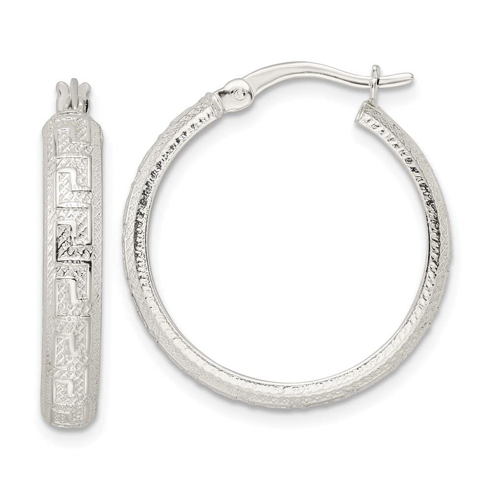Sterling Silver Textured Greek Key 4x24mm Tube Hoop Earrings for Women - Elegant Dangle Earrings for Party, Wedding & Everyday Wear