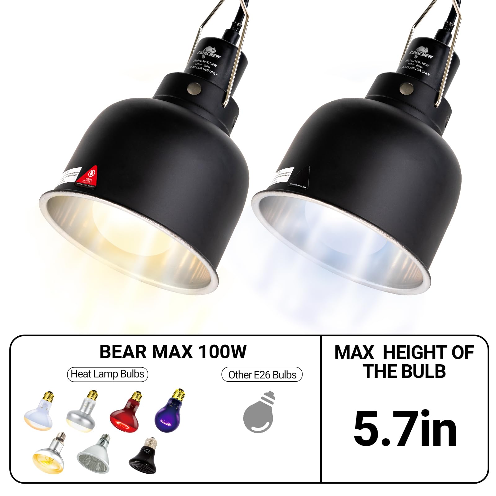 2 Pack 5.5in Deep Dome Reptile Lamp Fixture with Optical Reflection Cover - 100W Black Terrarium Light for Reptile Heat Basking & UVB Bulbs - Includes Separate Switch & Hook - Perfect for Bearded Dragons, Turtles & Reptile Habitats