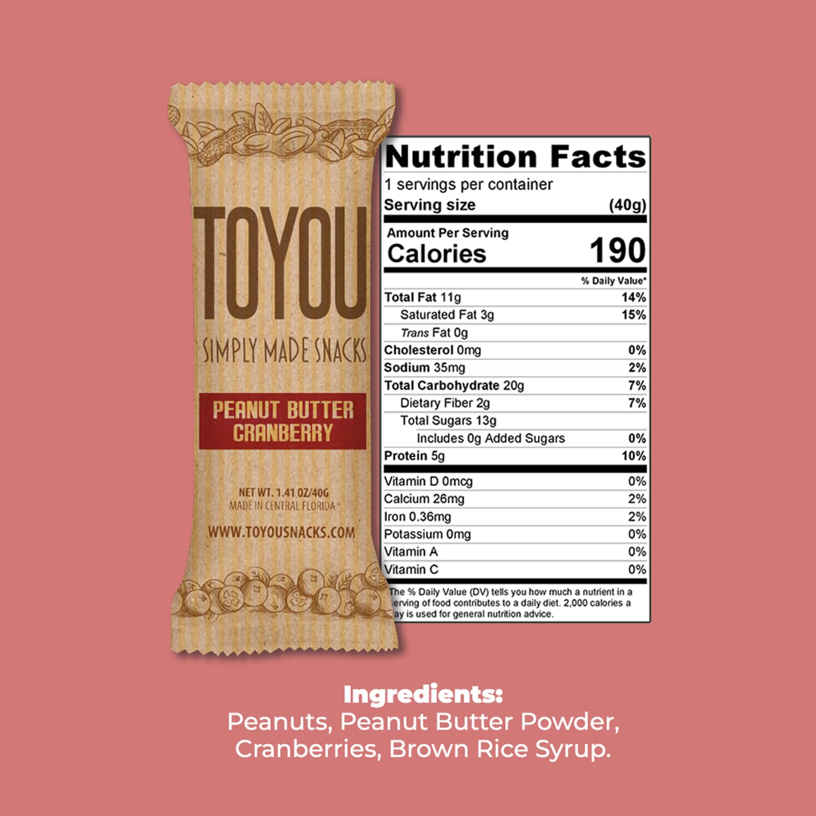 ToYou Granola Bars with Dried Fruit and Nuts - 14 Count, Gluten Free, High Protein Snack Bars for Adults & Kids - Peanut Butter Cranberry Flavor - Perfect for Breakfast, Office Snacks, Hiking & Travel