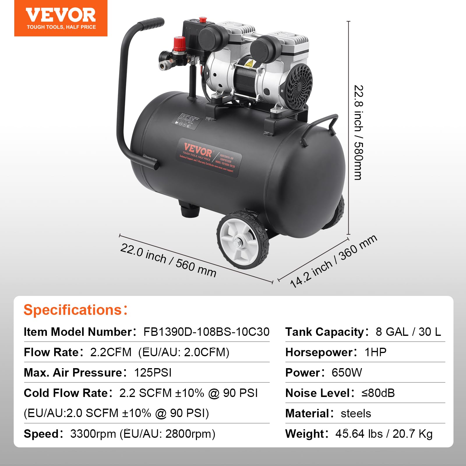 VEVOR 8 Gallon Steel Tank Air Compressor, 1HP 2.2 CFM@90 PSI Oil-Free, 120PSI Max Pressure, 80dB Ultra Quiet Portable Compressor for Auto Repair, Tire Inflation, Spray Painting - Ideal for Home Garage, DIY Projects, and Professional Workshops