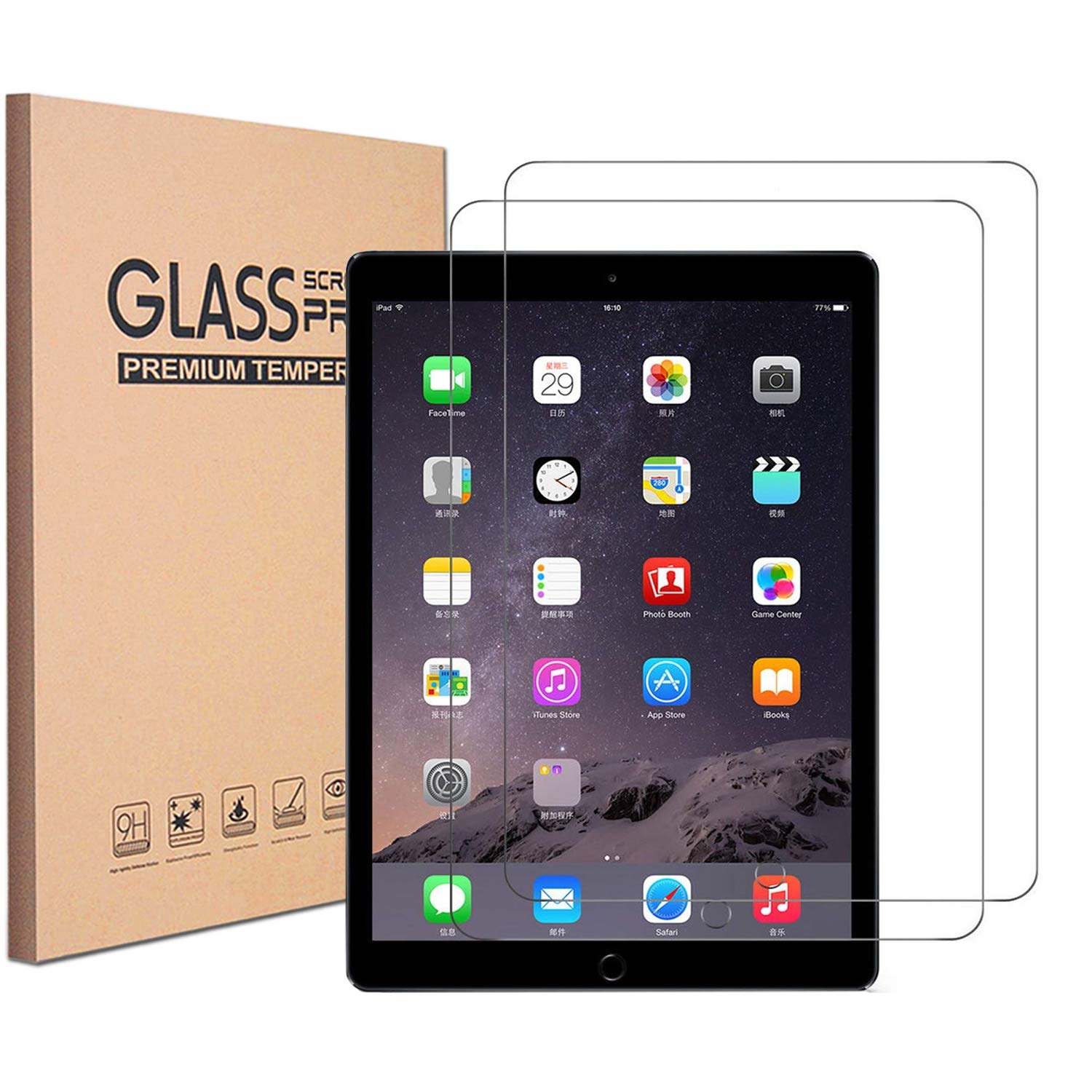 2 Pack Tempered Glass Screen Protector for iPad 9.7 Inch (6th/5th Gen 2018/2017, Air 1/2, Pro 9.7