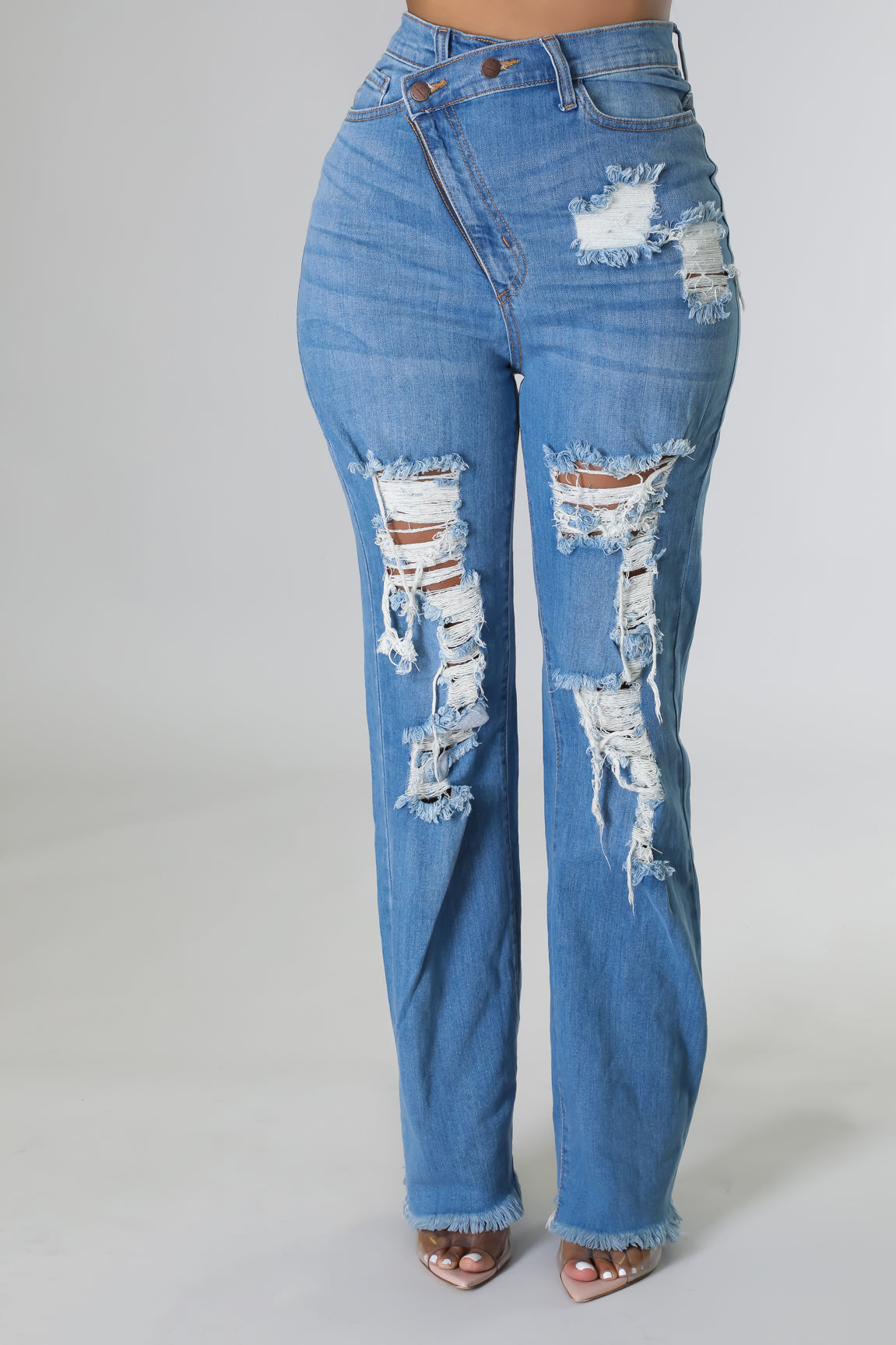 Carey Medium Blue Denim Destroyed Boyfriend Jeans for Women - Distressed High Waist Relaxed Fit Skinny Jeans - Perfect for Casual Outfits, Street Style & Everyday Wear