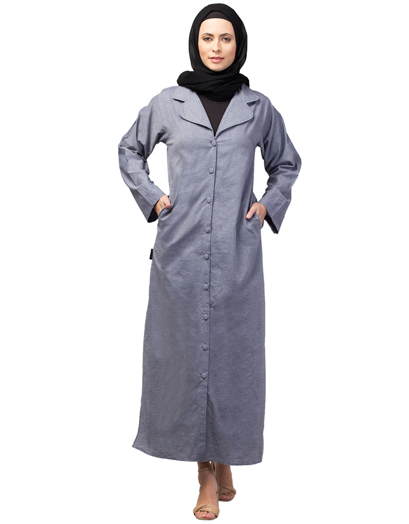 Sky Blue Arabic Abaya with Self-Fabric Buttons & Coat Collar - Modest Islamic Dress for Prayer, Mosque & Special Occasions