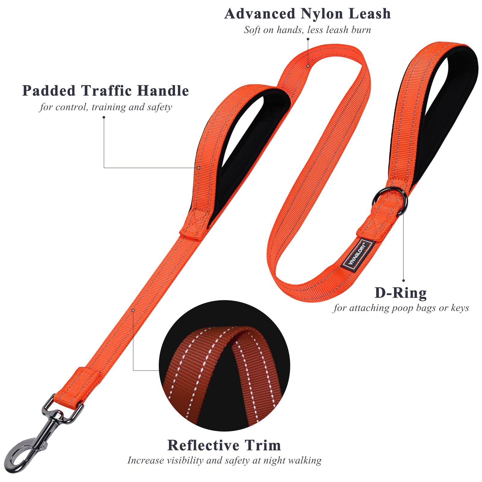 VIVAGLORY Heavy Duty Reflective Dog Leash with Dual Padded Handles - Strong Metal Hook Training Lead for Large Dogs - Orange - Perfect for Walking, Running & Nighttime Safety