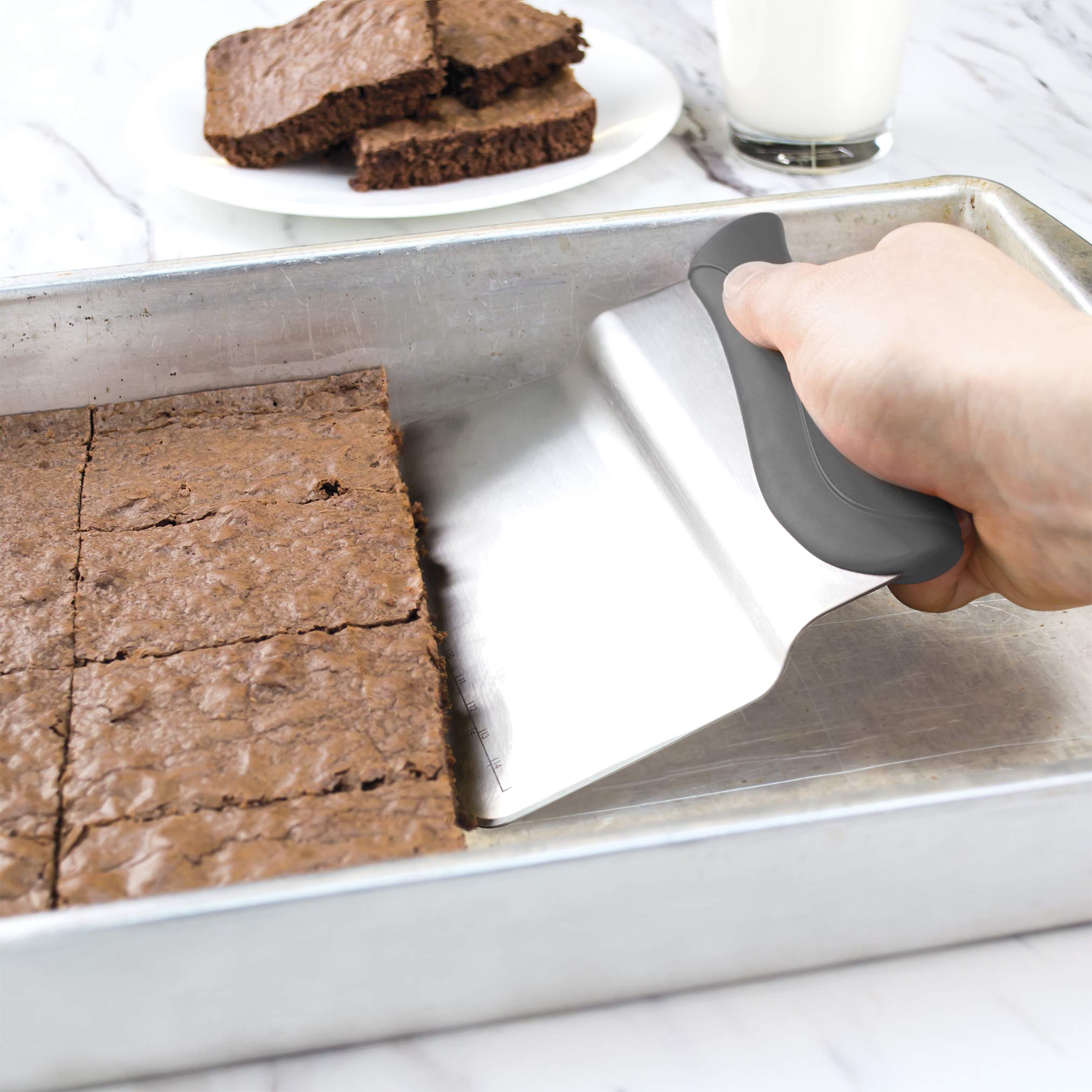 Tovolo Premium Bench Scraper with Measurement Guide - Dough Divider with Offset Blade - Pastry Scraper with Ruler - Ergonomic Baking Tool - Dishwasher Safe & BPA-Free (Charcoal) - Perfect for Bread Making, Pastry Prep & Kitchen Cleaning