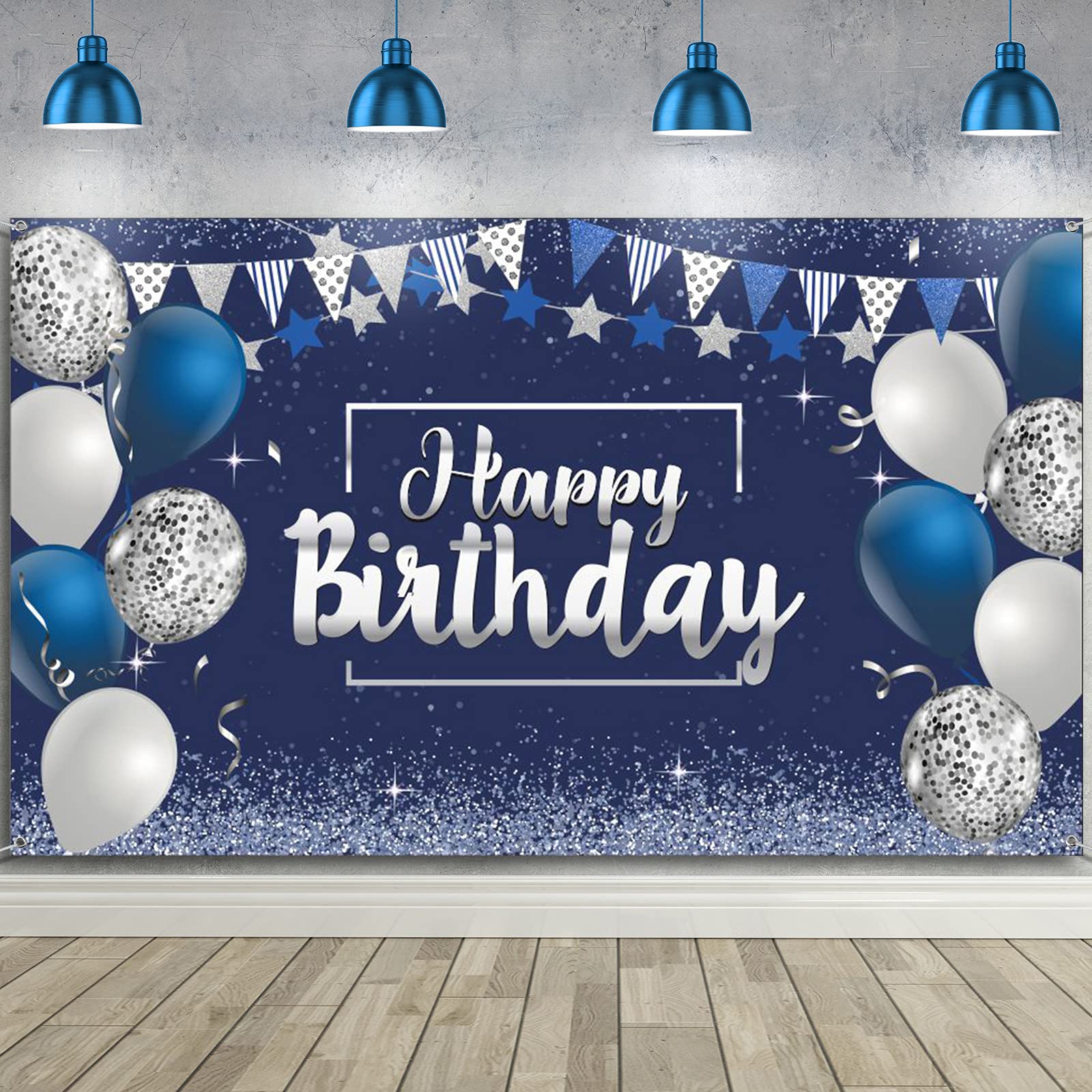 Glitter Happy Birthday Backdrop Sign - 72.8 x 43.3 Inch Silver & Navy Blue Photo Background for Birthday Party Decorations - Perfect for Children, Men & Women Celebrations - Ideal for Home, Office or Event Photo Booths