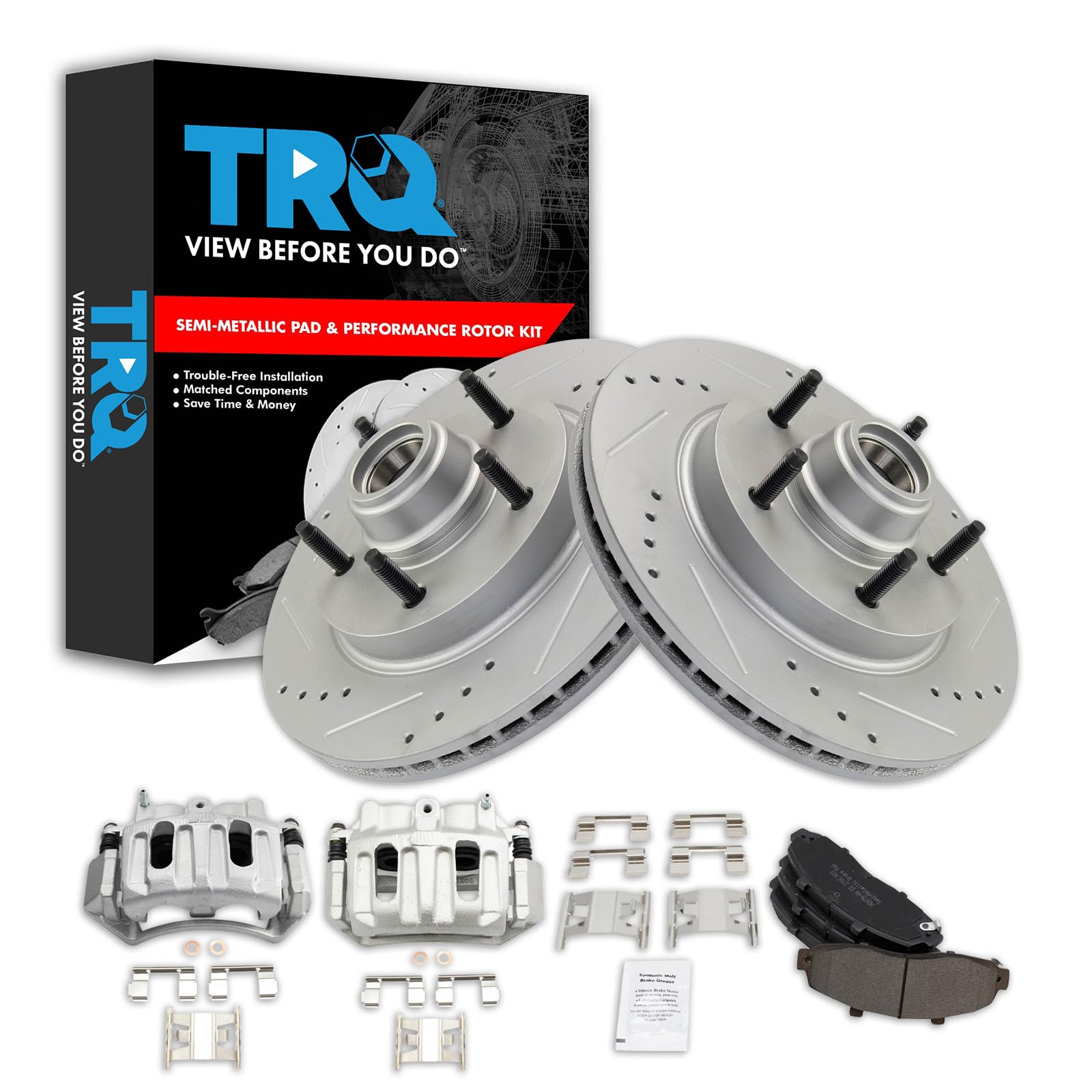 TRQ Front Performance Brake Pad & Rotor Kit - Semi-Metallic Vented Premium G-Coated Brake Caliper Set for 1999 Ford F-150 | Heavy-Duty Braking for Towing & Off-Road Adventures