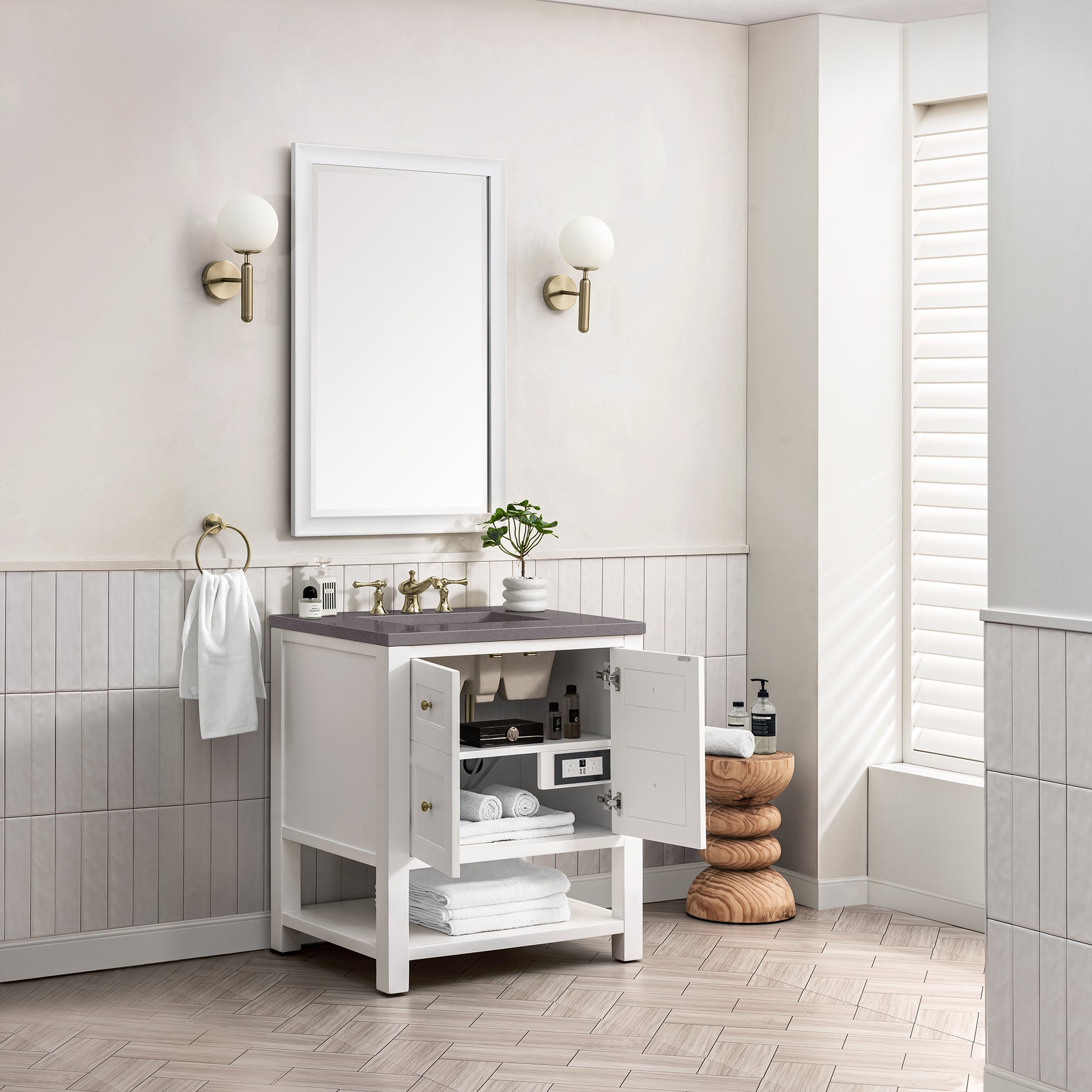 Breckenridge 30 Inch Single Bathroom Vanity Set in Bright White with 3CM Grey Expo Top - Perfect for Modern Home Bathroom Renovation and Upgrade