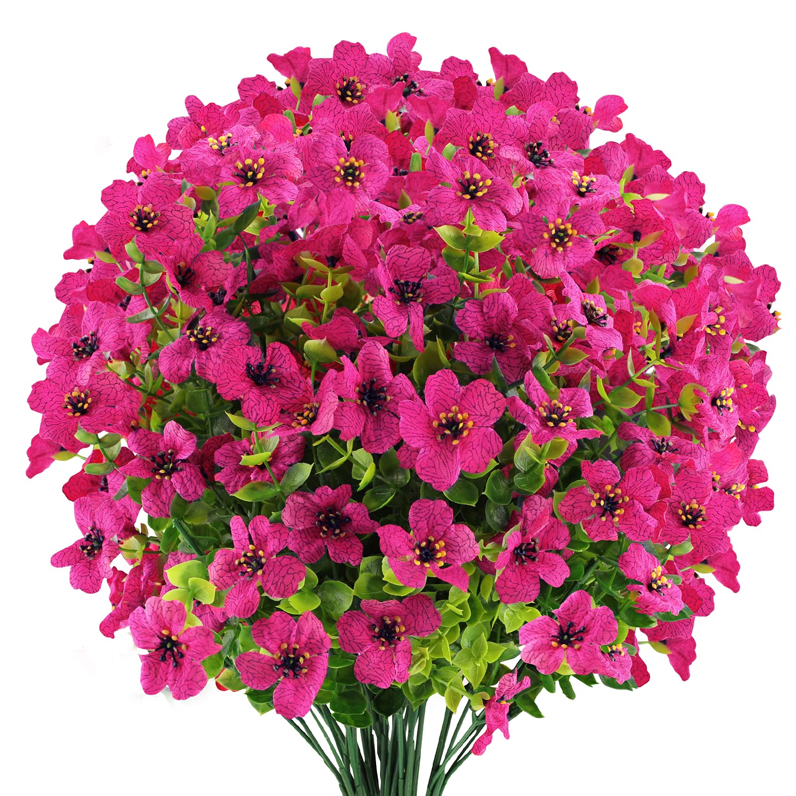 GREENRAIN 6 Bundles UV Resistant Artificial Flowers - Outdoor Fake Plants for Garden, Window Box & Porch Decor - Faux Plastic Flowers in Rosy Red - Perfect for Home, Wedding & Party Decoration