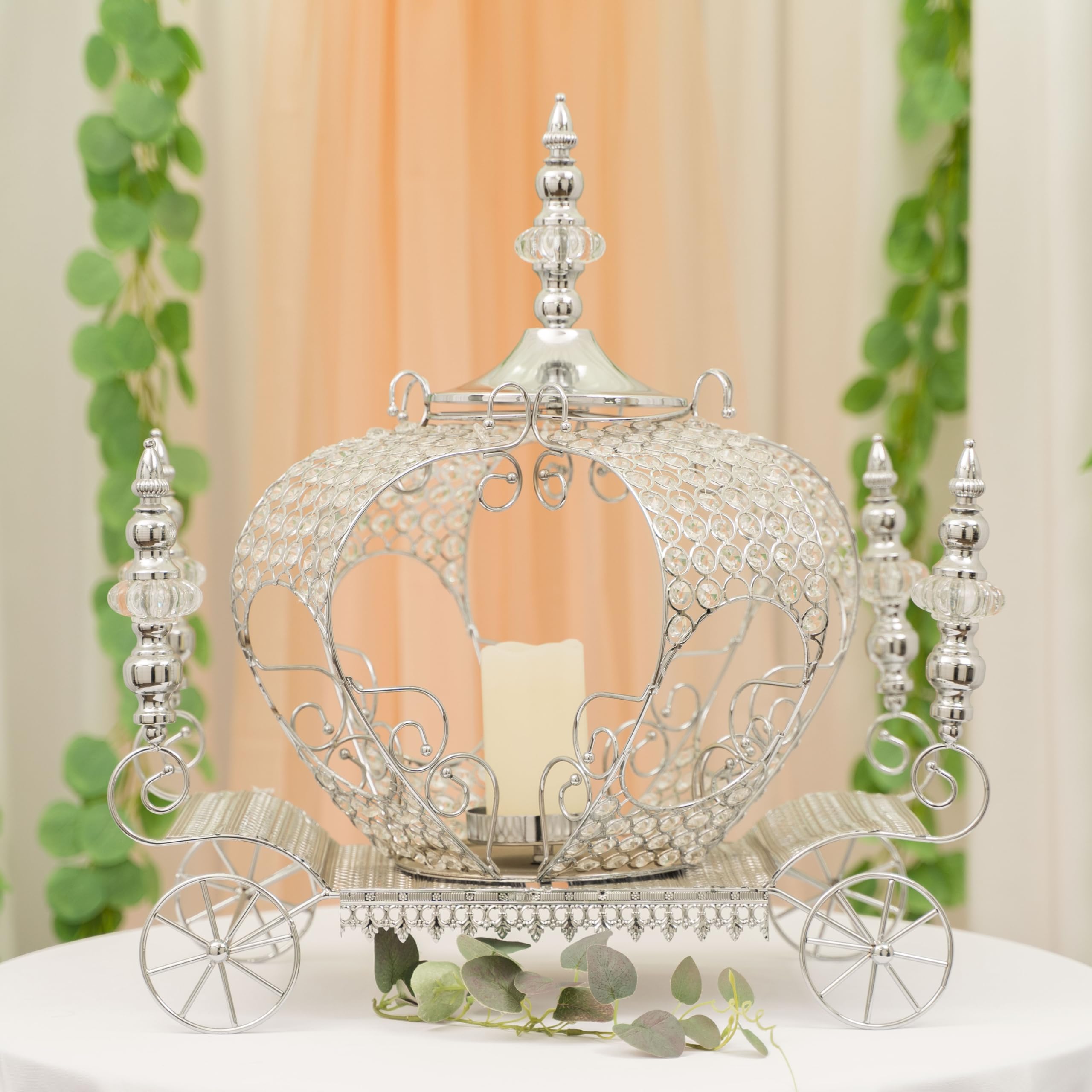 Elegant Silver Crystal Iron Wire Pumpkin Carriage Candle Holder - 23.5