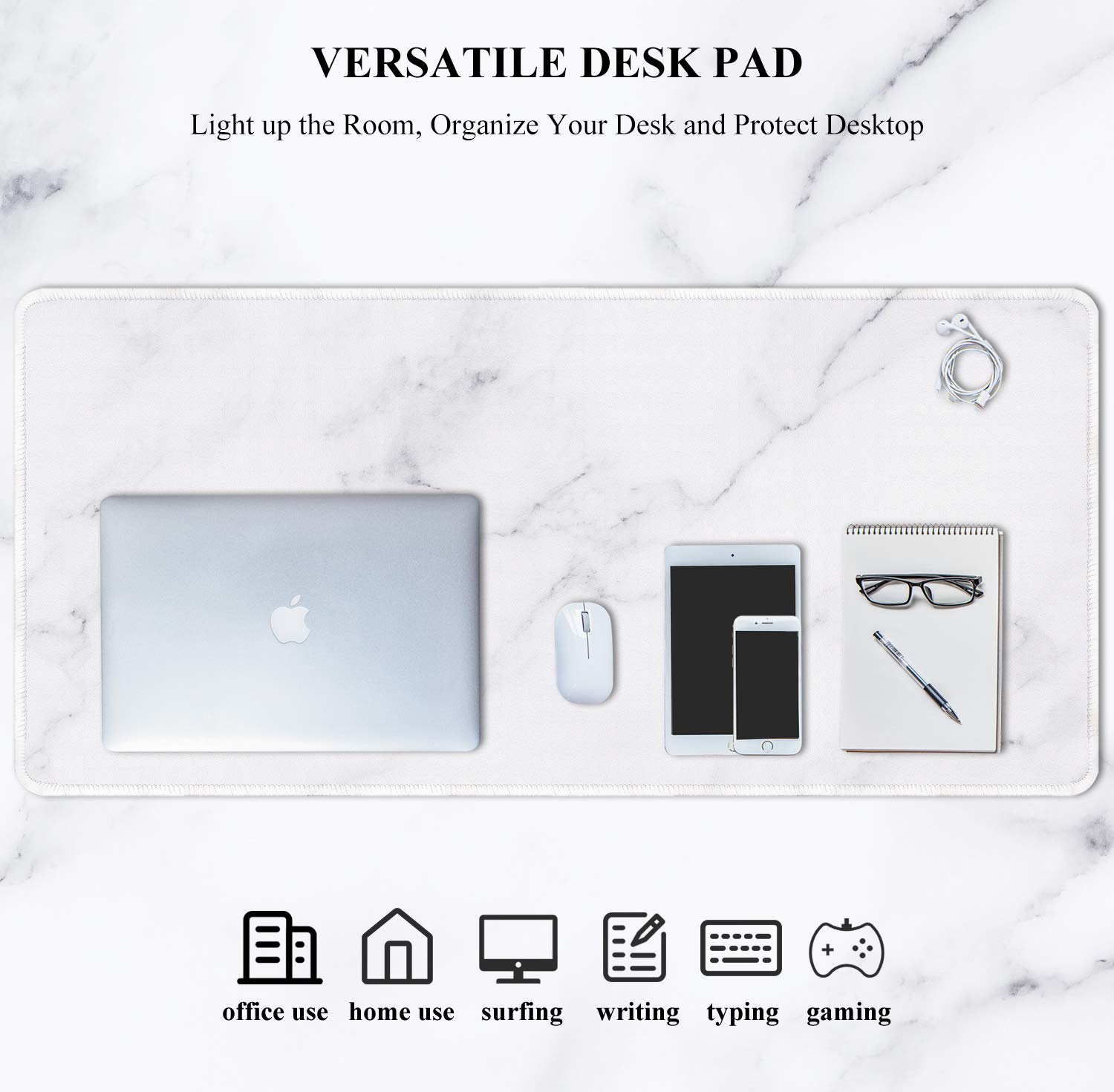 Auhoahsil XXL Gaming Mouse Pad - 35.4 x 15.7 Inch Large Desk Mat with Stitched Edges & Non-Slip Rubber Base | Extended Mousepad for PC, Laptop, Office & Gaming Setup | Waterproof & Durable Surface for Work, Esports & Home Office (Modern Marble Design)