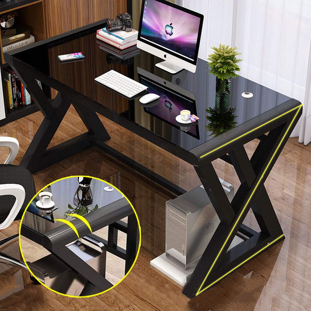Modern Computer Desk with Metal Frame & Tempered Glass Top - 55.1 Inch Black Office Desk for Home, Gaming & Study | Ergonomic Workstation for Small Spaces, Writing & Remote Work