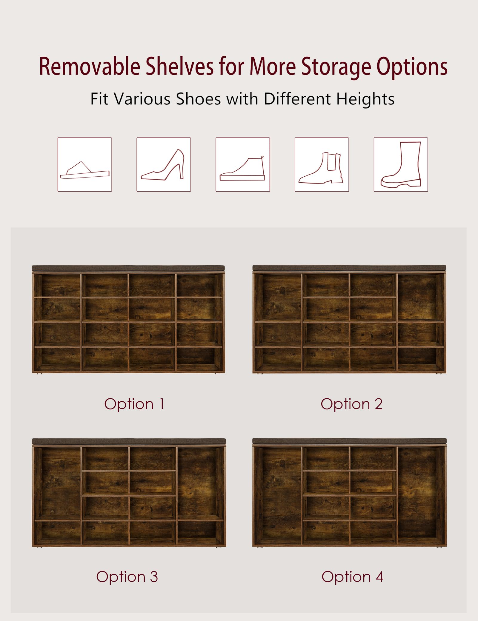 DINZI LVJ 16-Cubby Shoe Storage Bench with Cushion - Adjustable Shelves Multifunctional Shoe Organizer for Entryway, Mudroom, Hallway - Rustic Brown | Perfect for Small Spaces, Home Organization & Shoe Display