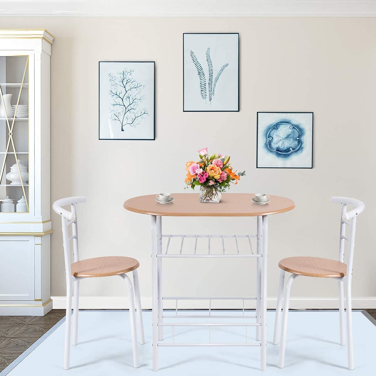 Renatone 3-Piece Round Dining Table Set with 2 Chairs - Solid Wood Top & Sturdy Metal Frame with Storage Shelf - Compact Space Saving Design for Kitchen, Dining Room, Outdoor Bar, Patio or Small Apartment (White & Natural Finish)