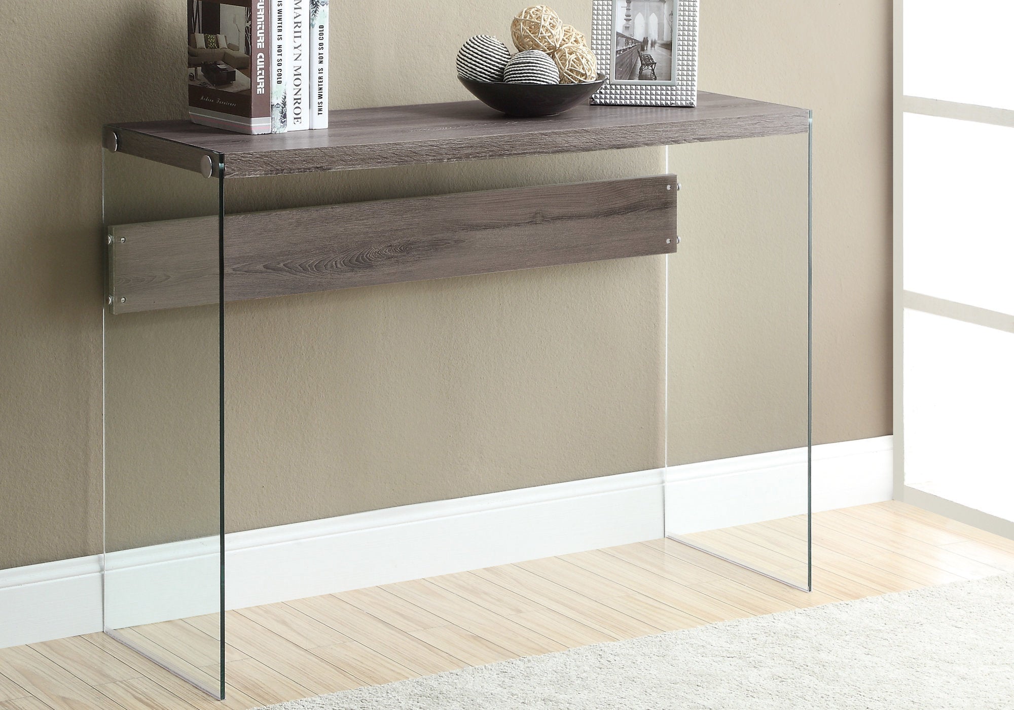 Modern Accent Table with Tempered Glass Top - 44L Dark Taupe Finish - Perfect for Living Room, Bedroom or Entryway Decor