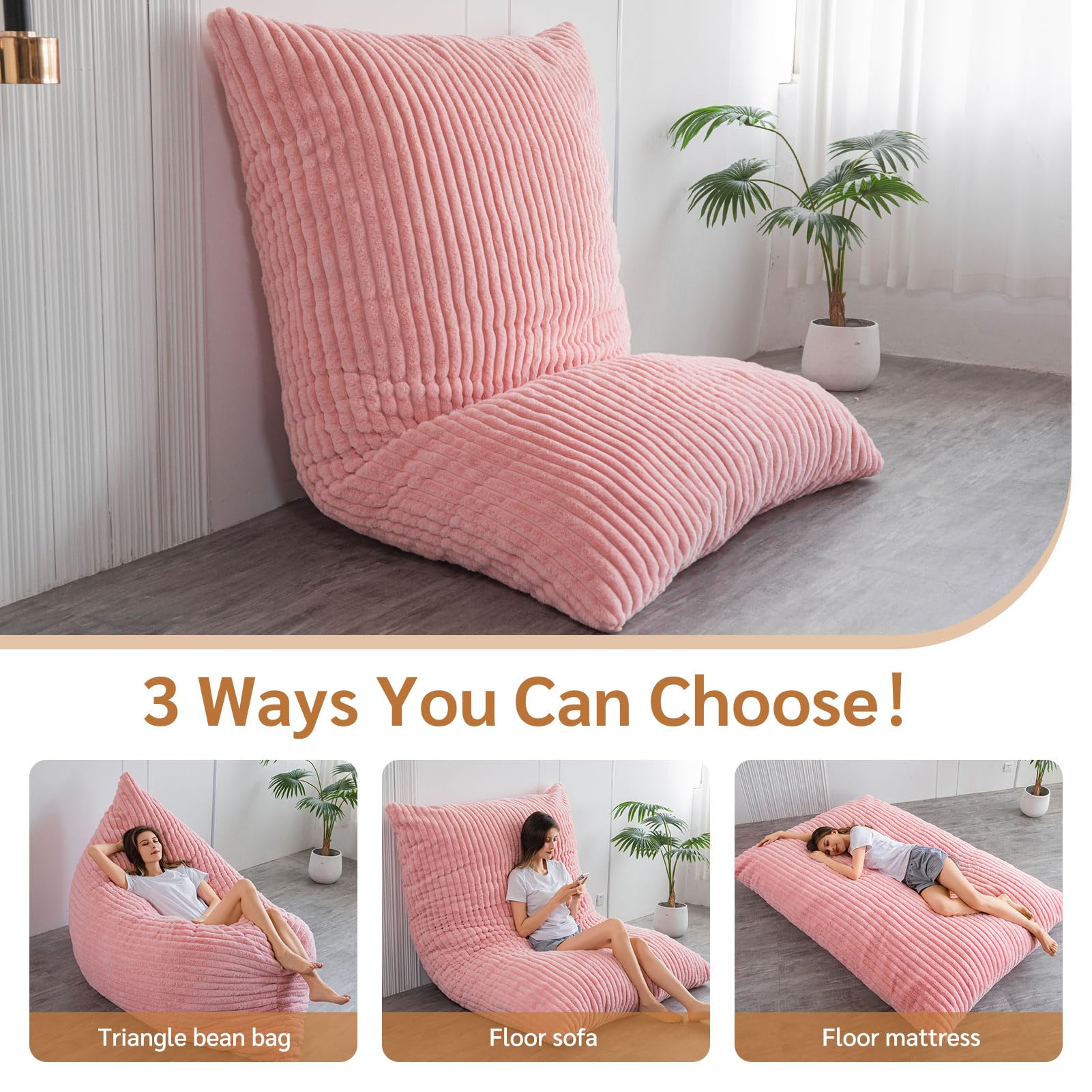 MAXYOYO 3-in-1 Convertible Bean Bag Chair - Soft Striped Faux Fur Large Floor Pillow for Kids & Adults - Pink - Perfect for Bedroom, Living Room & Dorm Room Relaxation