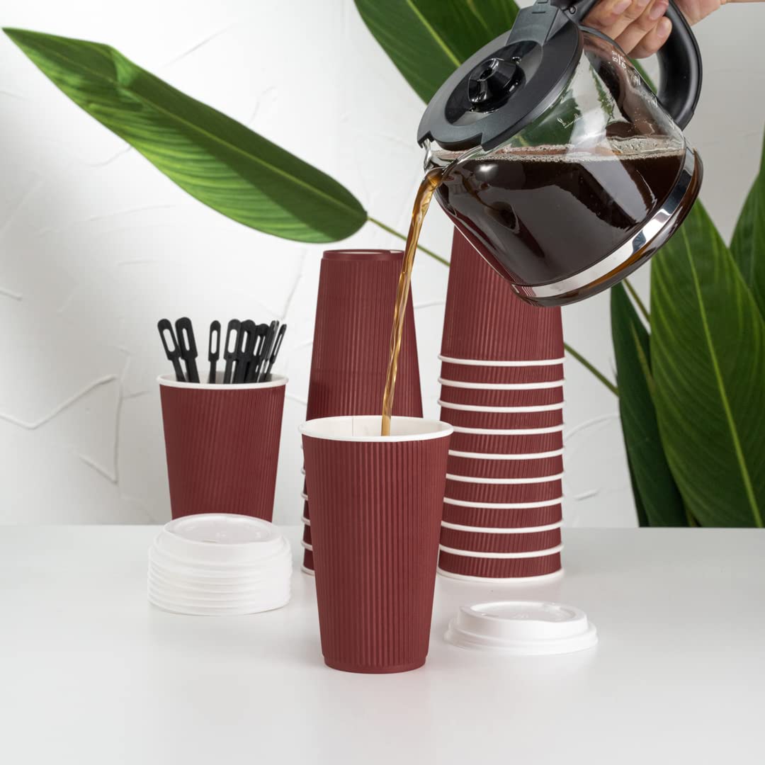 **Restaurantware 16oz Insulated Coffee Cups with Lids (200 Pack) – Leakproof, Non-Slip, Crimson Disposable Paper Cups for Hot Beverages – Perfect for Coffee, Tea, Hot Cocoa & Lattes – Ideal for Cafés, Offices & Events**
