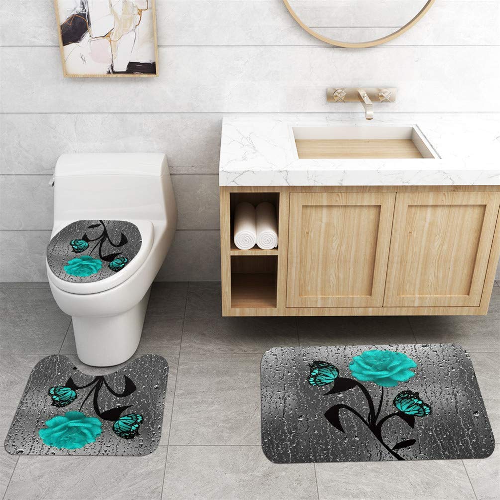 Teal Rose Shower Curtain Set with Butterfly Design - Includes Non-Slip Bath Rug, Toilet Lid Cover & Bath Mat | Waterproof Raindrop Pattern with 12 Hooks | Perfect for Modern Bathroom Decor & Spa-Like Shower Experience