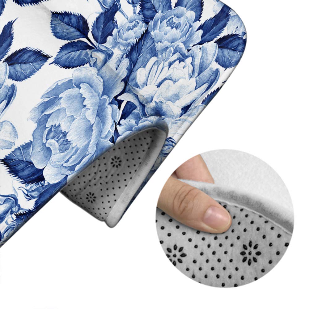 Blue Rose Bath Mat Set - Watercolor Blue Ink Peony Floral Design, Non-Slip Bathroom Rug with Toilet Lid Cover (3-Piece) | Soft & Absorbent for Bathroom, Shower, Vanity Area
