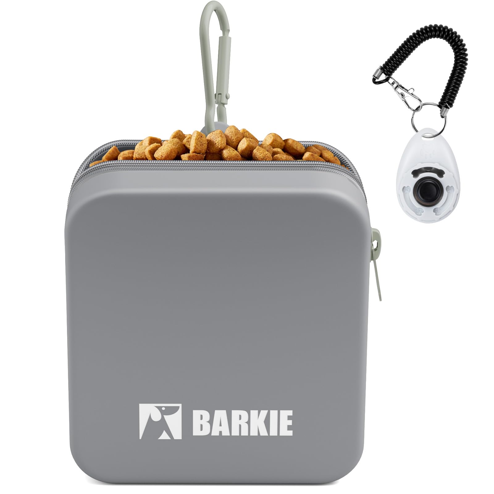 **Dog Training Treat Pouch with Clicker – Silicone Pet Treat Container with Zipper Closure & Waist Clip – Essential Puppy & Dog Training Supplies for Walking, Hiking & Outdoor Adventures (Grey)**