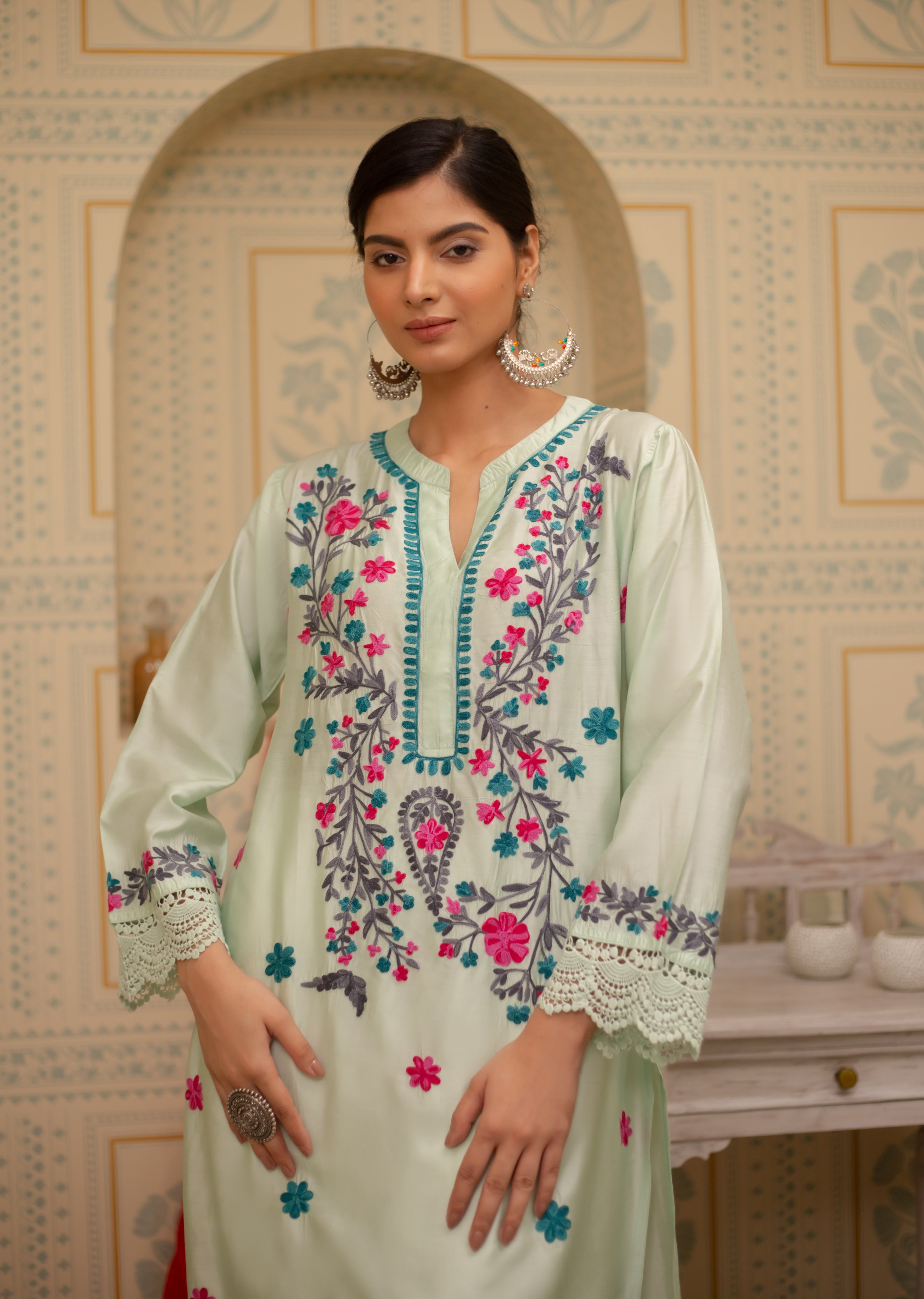 Falak Kashmiri Long Kurta in Turquoise Green Chanderi Silk with Aari Embroidery | Elegant Indian Traditional Dress for Women | Perfect for Weddings, Festivals & Special Occasions