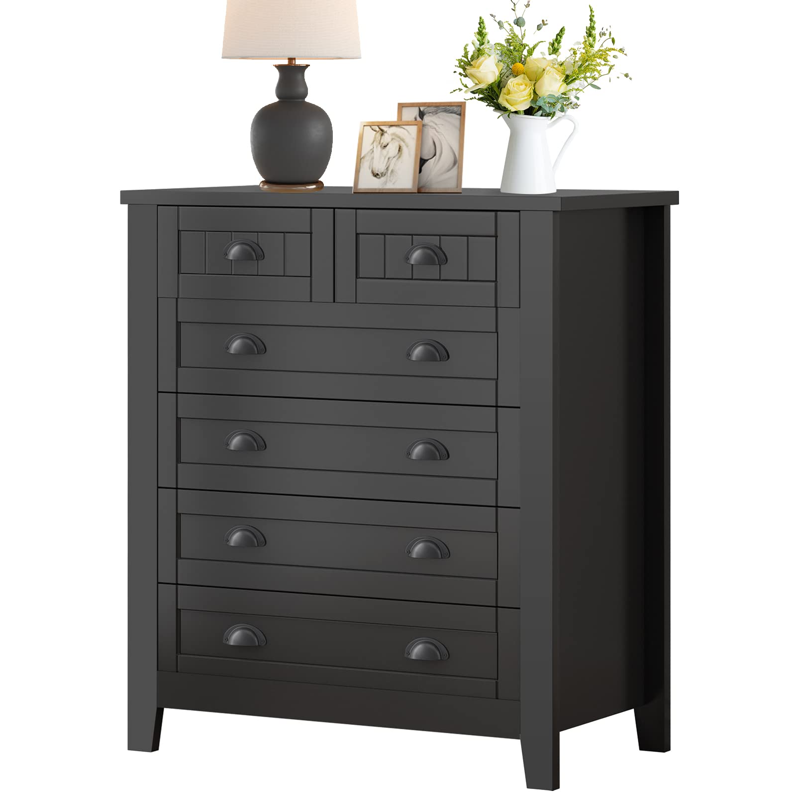 YISUYA 6-Drawer Dresser for Bedroom - Farmhouse Style Chest of Drawers with Clothes Storage - Perfect for Bedroom, Nursery & Living Room Organization - Black Wooden Cabinet for Home Decor & Closet Organization