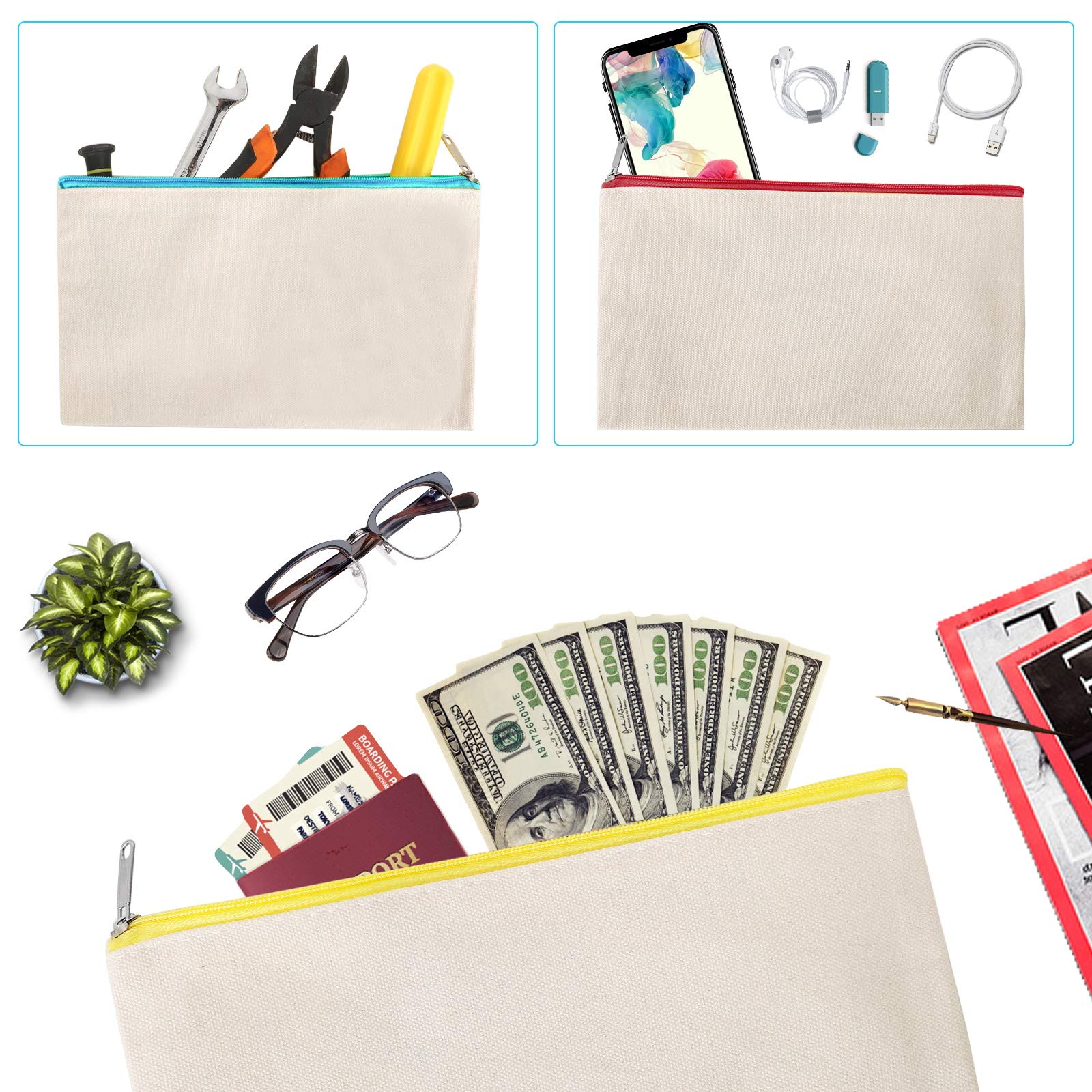 12-Piece Cotton Canvas Makeup Bags Set - Waterproof Travel Cosmetic Organizer with Zipper, DIY Blank Pouch for Toiletries, Pencils & Crafts (Large) - Perfect for Travel, School & Gift Giving