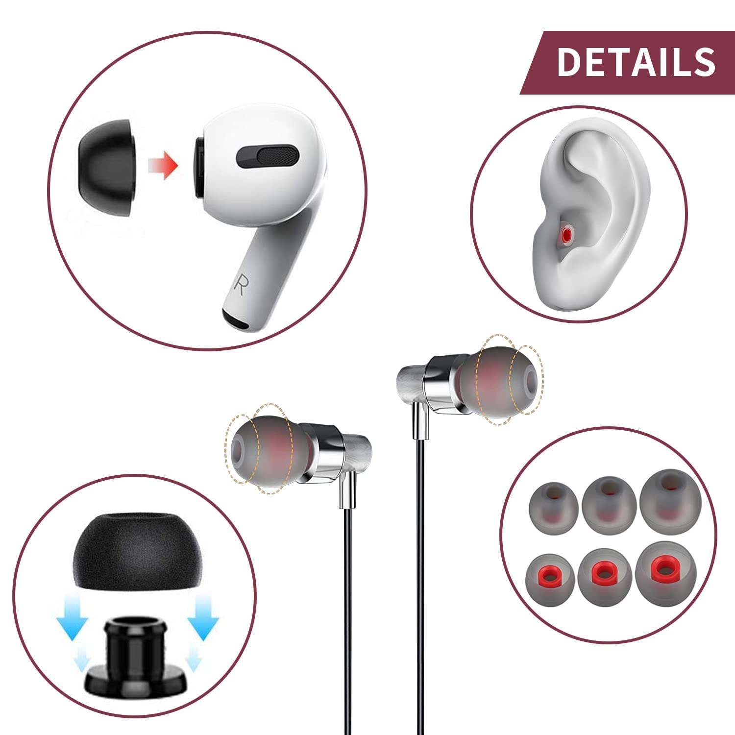 48 Pcs Silicone Replacement Earbud Tips - 3 Sizes (S/M/L) - Noise Isolating Soft Comfortable Earbuds for AirPods, Galaxy Buds & Most Wireless Earbuds - Perfect for Workouts, Commuting & Travel