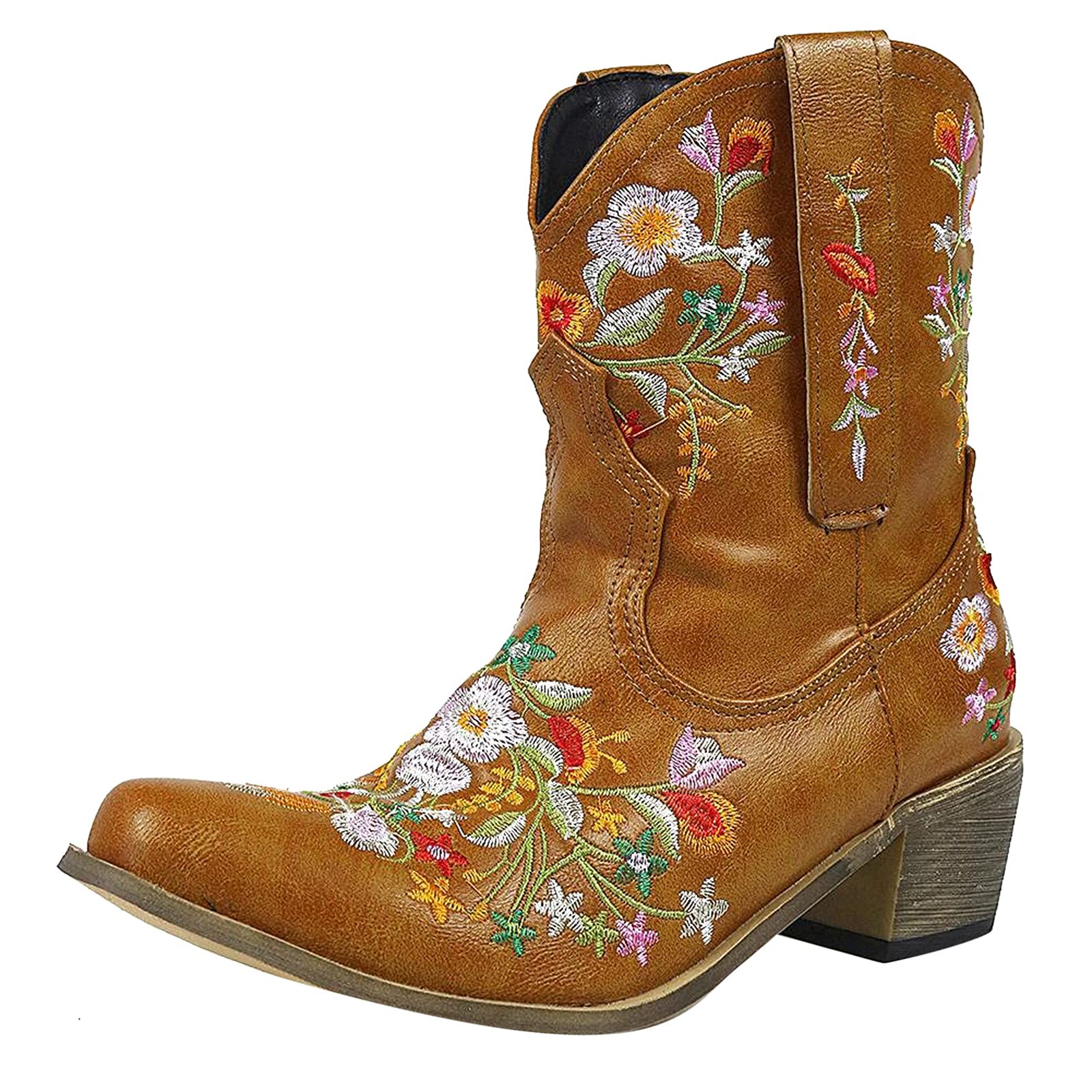 Women's Cowboy Boots - Western Embroidered Pointed Toe Slip On Low Heel Boots for Winter | Classic Ankle Boots for Country Rides, Rodeo Events & Casual Outfits