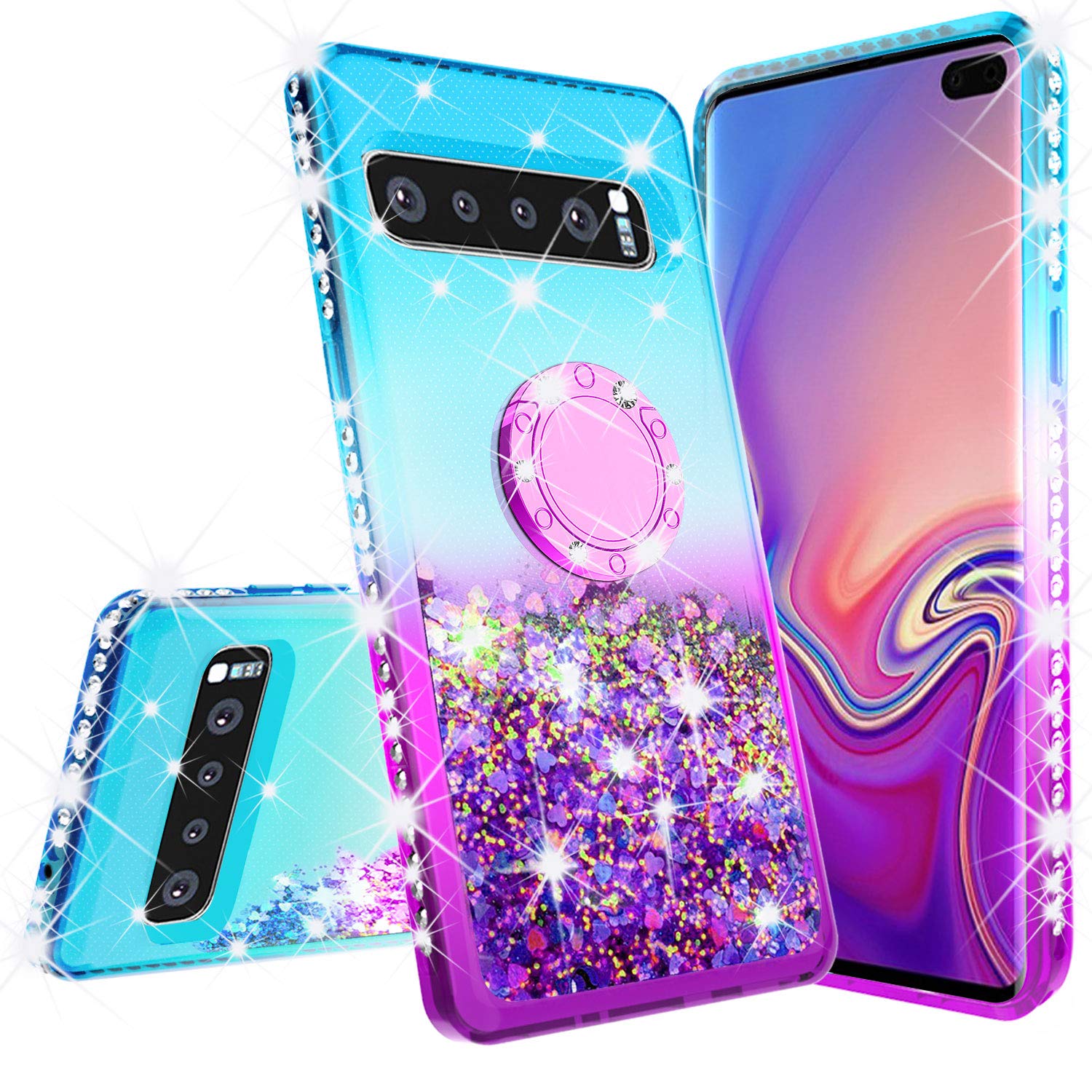 SOGA Rhinestone Liquid Quicksand Phone Case for Samsung Galaxy S10 - Sparkly Glitter Protective Cover with Magnetic Ring for Car Mount & Lanyard (Purple/Teal) - Perfect for Girls, Teens & Fashion Lovers, Great for Daily Use, Parties & Gifts