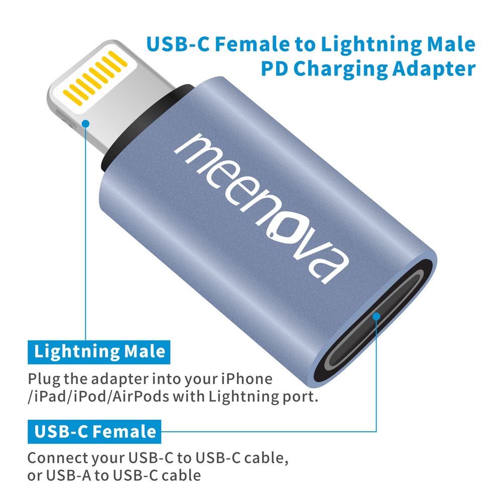 Meenoa 30W USB C to Lightning Adapter with Keychain Rubber Holder - Fast PD Charging for iPhone 14/13/12/11, AirPods Pro & iPod - Compact Travel Charger for Home, Office & Car Use