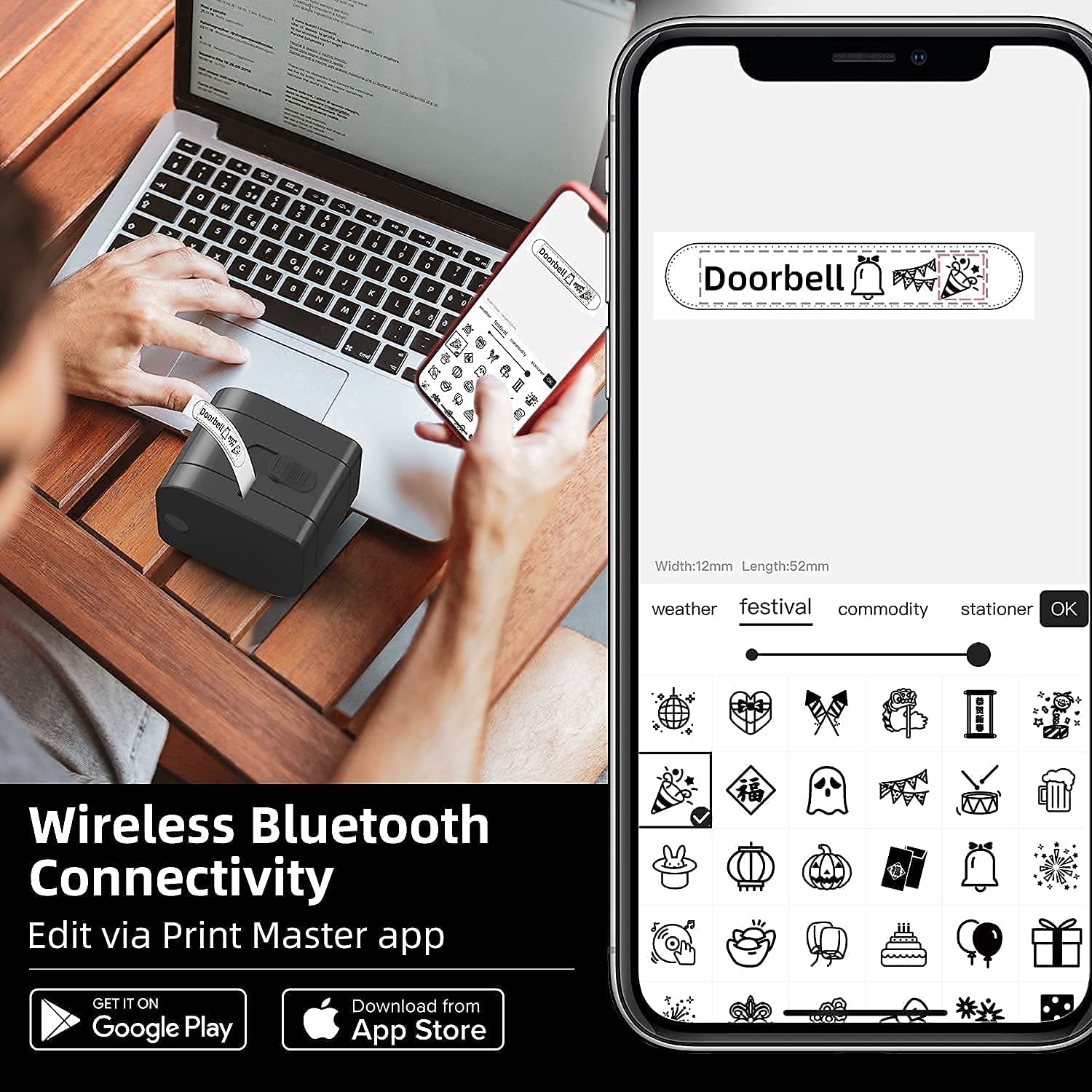 Phomemo P12 Bluetooth Label Maker Machine with 5 Pack Black on Color 0.47