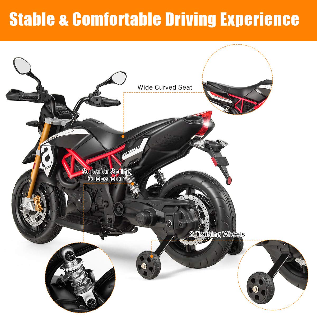 HOMGX 12V Kids Ride on Motorcycle - Licensed Apulia Design with LED Lights & Music, Battery Powered Motor Bike with Detachable Training Wheels (Black) | Perfect Gift for Boys & Girls Ages 3-8 | Indoor & Outdoor Play, Birthday & Christmas Present