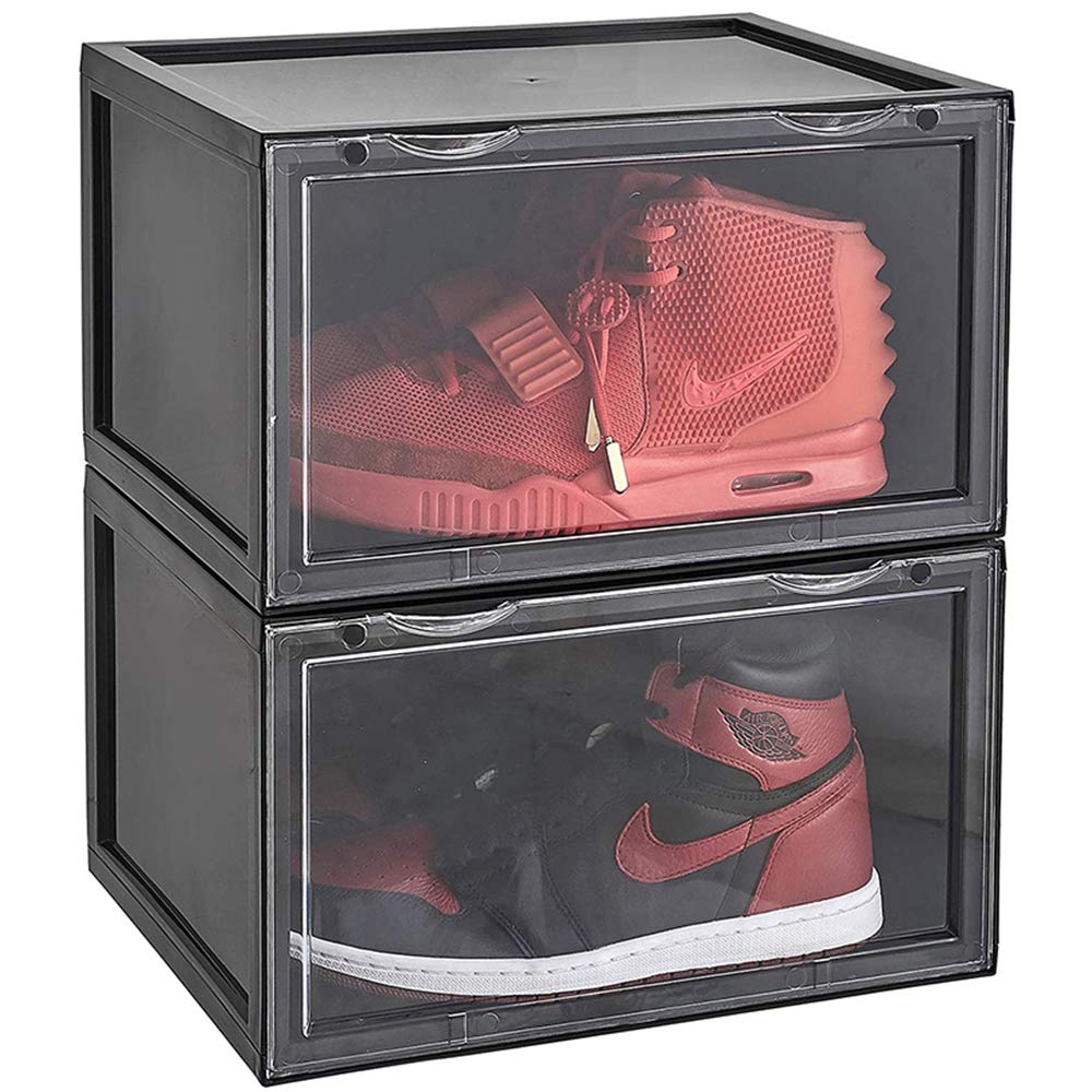 K.T.Z Clear Plastic Shoe Boxes with Magnetic Side Opening - Stackable Shoe Storage Containers (D Style Black, 2 Pack) | Perfect for Closet Organization & Sneaker Display