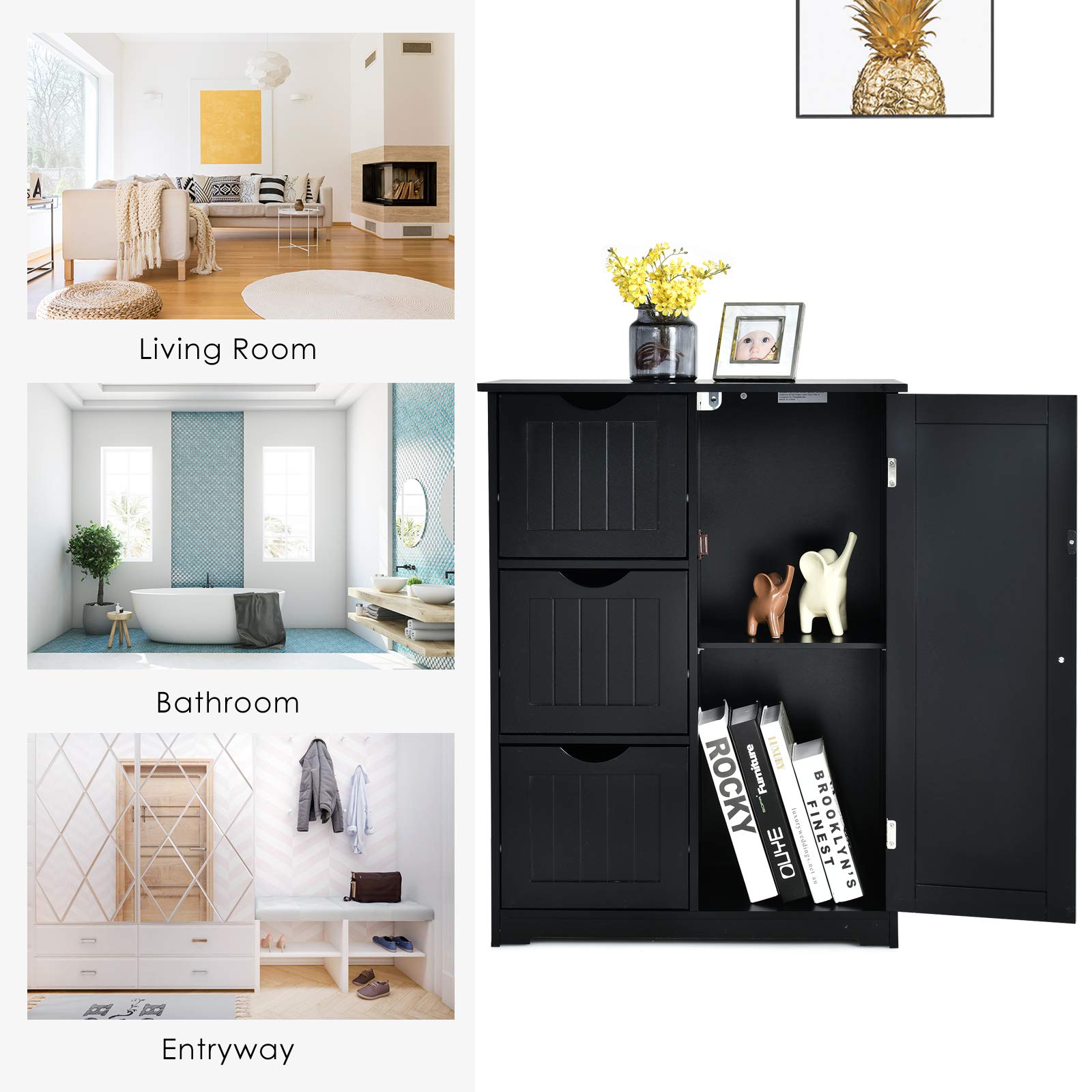 Giantex Wooden Bathroom Storage Cabinet with 1 Door & 3 Drawers - Freestanding Floor Cabinet for Bathroom, Entryway, or Bedroom - Space Saving Organizer for Towels, Toiletries & Home Essentials