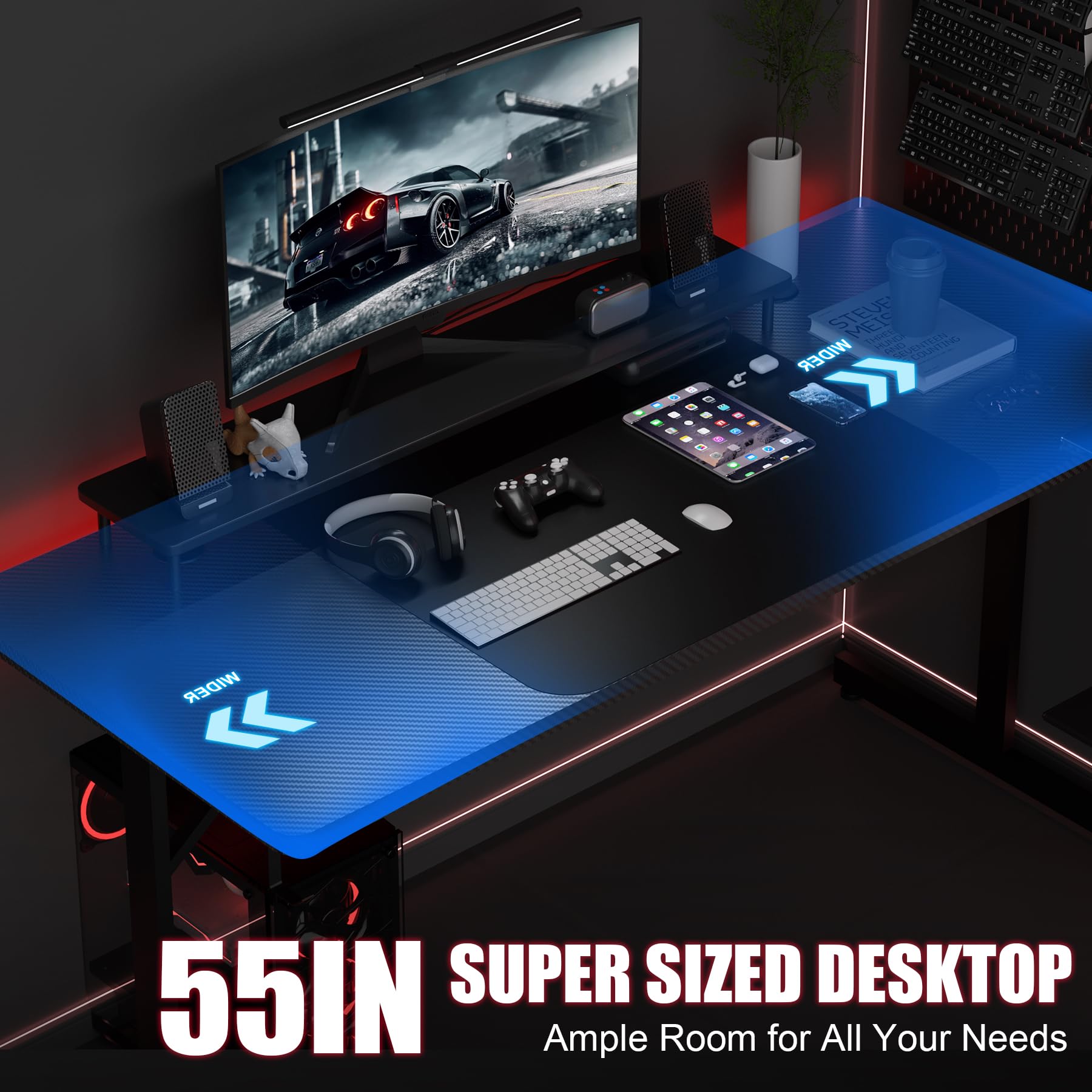 GTRACING 55 Inch Gaming Desk with LED Lights - Large Computer Desk with Mouse Pad, Carbon Fiber Surface, Headphone Hook - Perfect for Home Office & PC Gaming Workstations (Black)