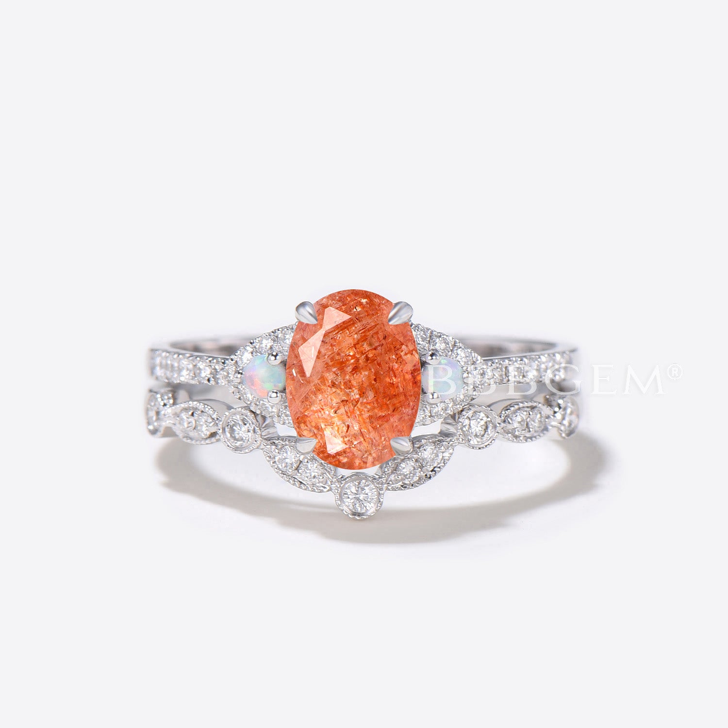 Elegant Oval Sunstone Engagement Ring in 14K White Gold with Cluster Diamonds - Perfect for Weddings, Proposals & Anniversary Gifts