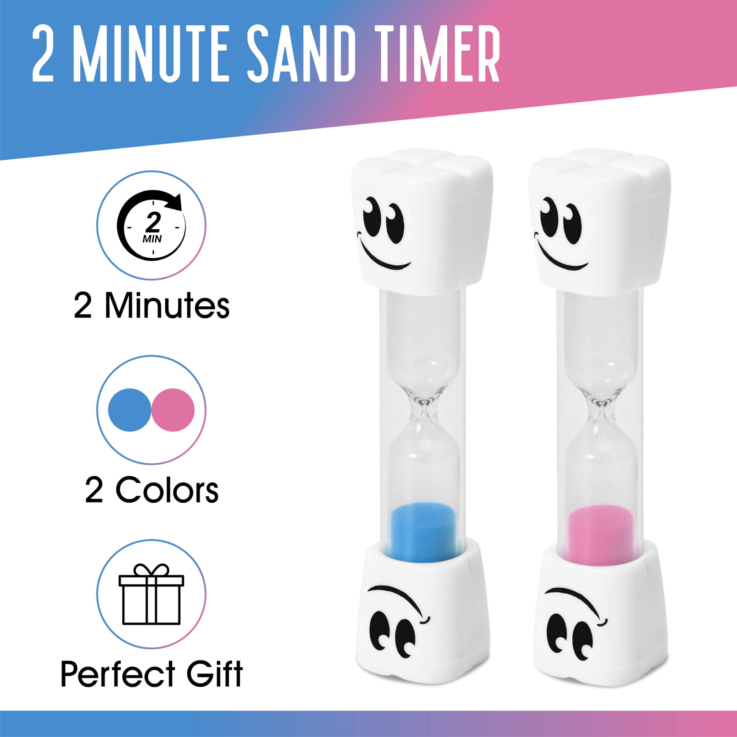 2 Minute Toothbrush Sand Timer for Kids - Set of 2 Small Blue and Pink Smiley Hourglass | Fun Dental Hygiene Timer for Brushing Teeth | Perfect Bathroom Decor & Kids' Oral Care Tool